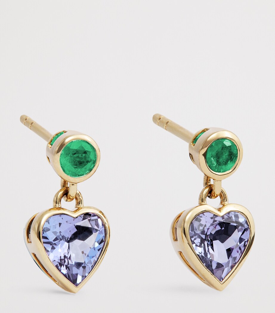Yellow Gold, Emerald and Tanzanite Blue Heart Earrings YELLOW GOLD Image 3