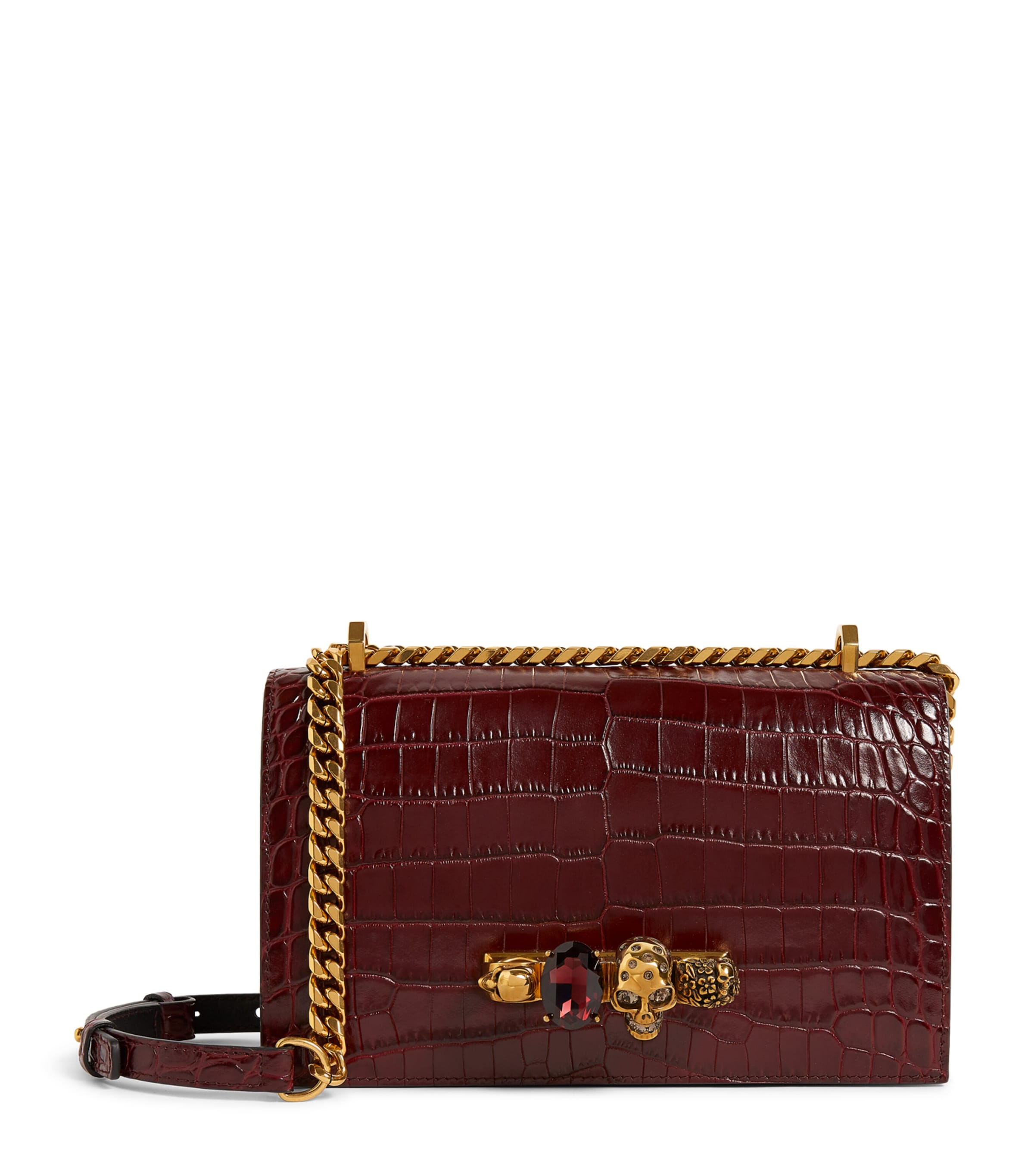 Alexander Mcqueen Medium Croc-embossed Jewelled Satchel Bag In Burgundy