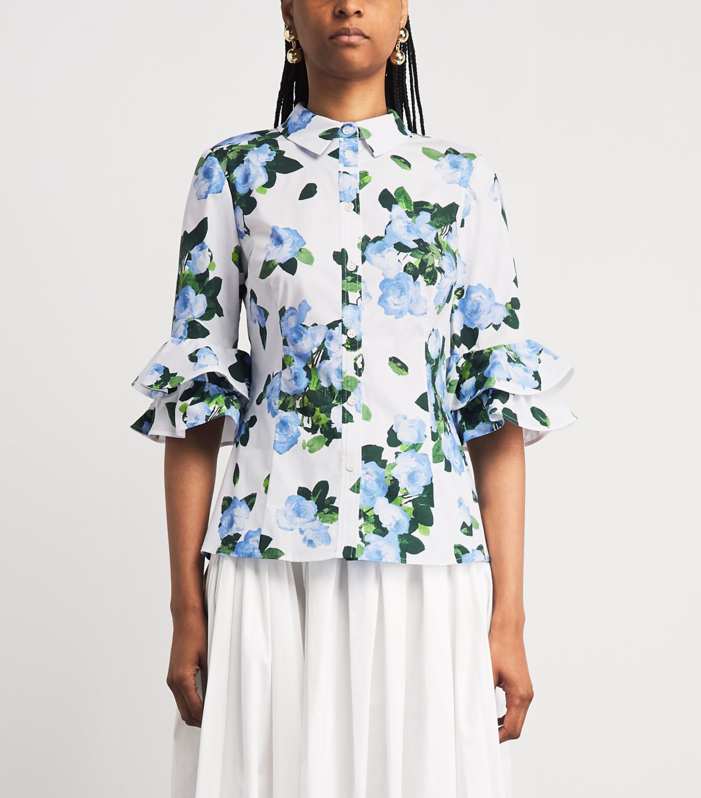 Carolina Herrera Womens Rose Print Ruffle-Sleeve Shirt White Multi Image 4