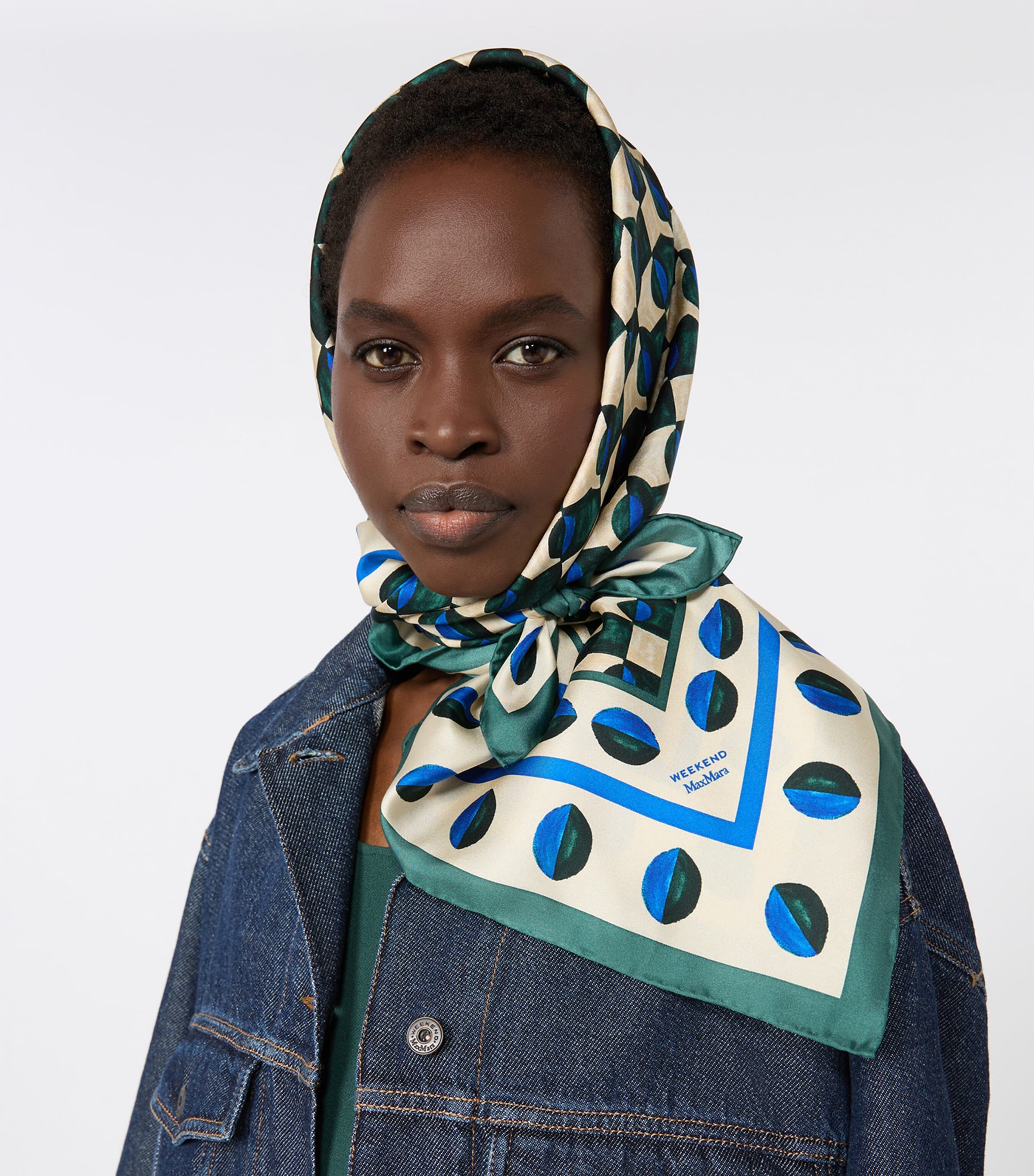 Weekend Max Mara Silk Geometric Print Scarf Dark Green Image 2