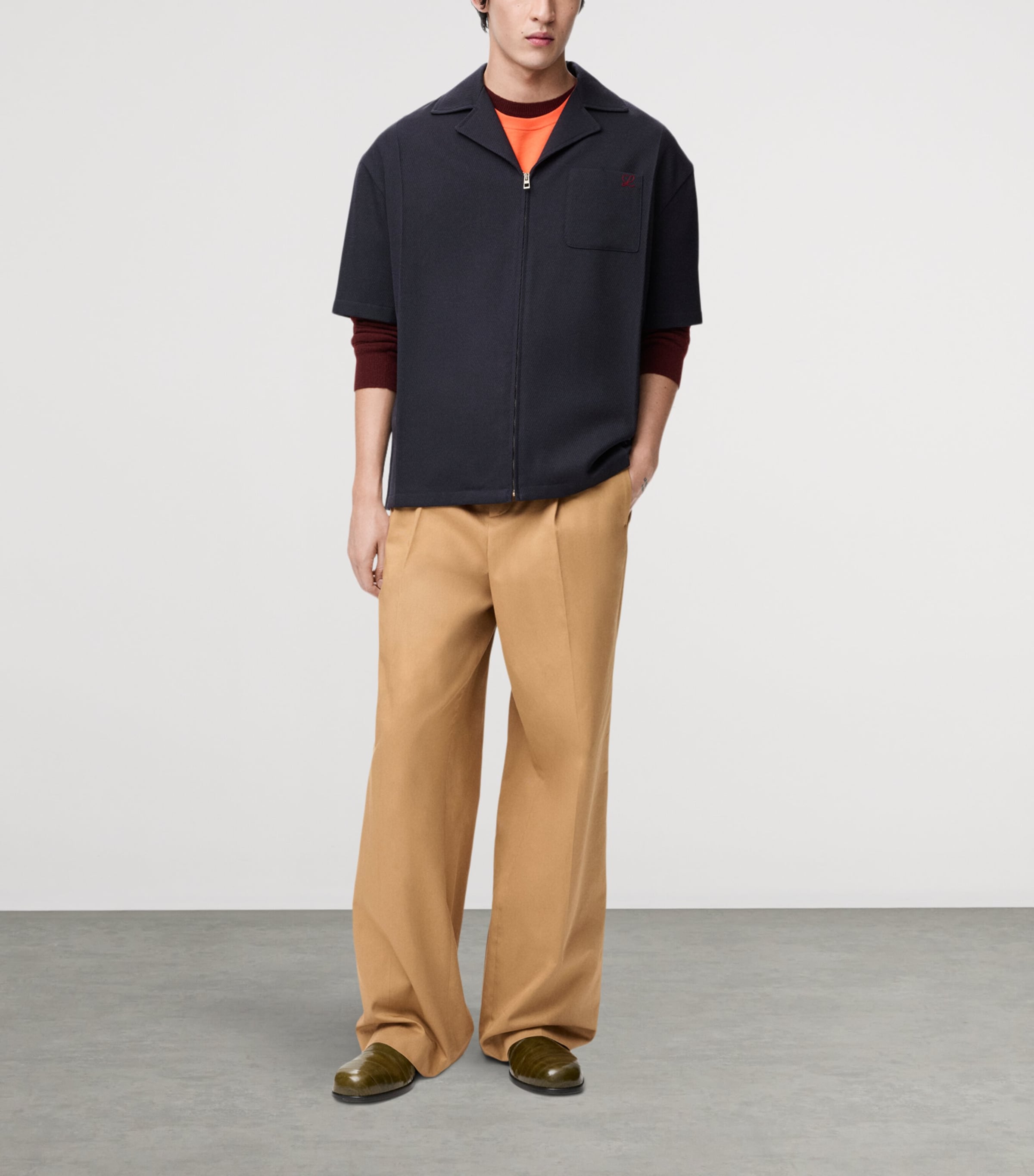 Wool Short-Sleeve Zip-Up Shirt DARK NAVY BLUE Image 2