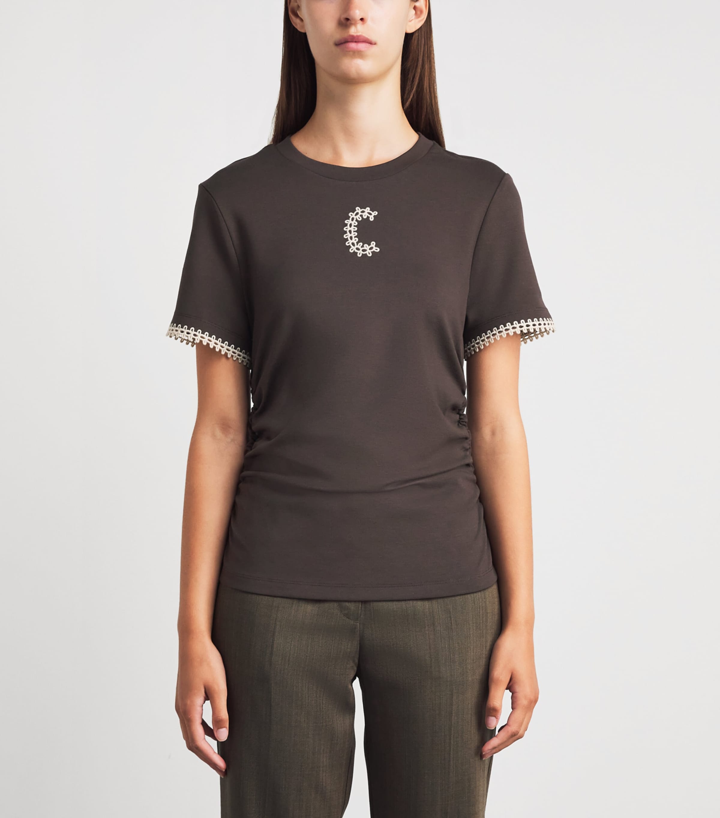 Claudie Pierlot Womens Ruched Embroidered Logo T-Shirt Brown Image 4