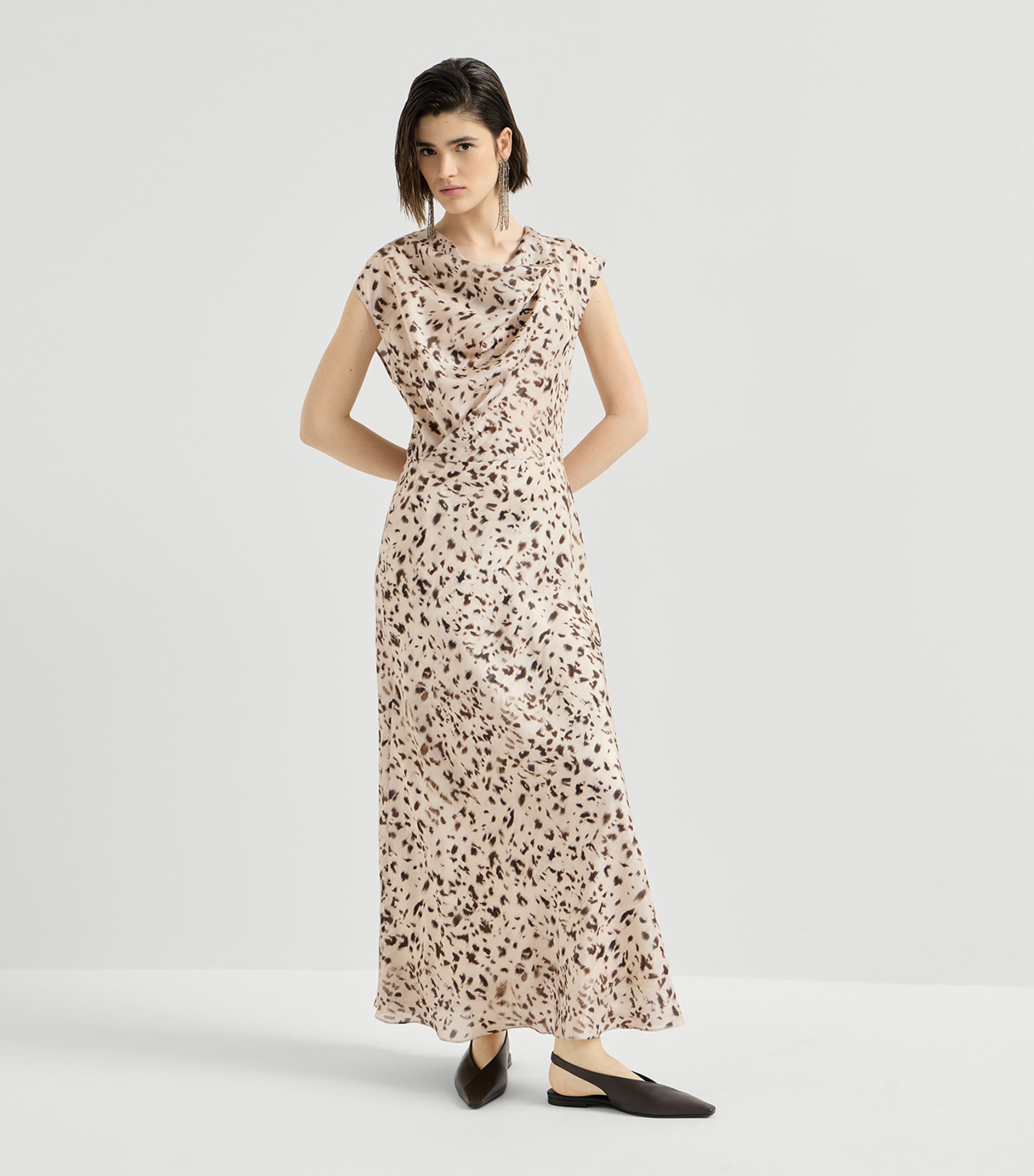 Brunello Cucinelli Womens Silk Pongee Lynx Print Maxi Dress Beige+brown Image 4