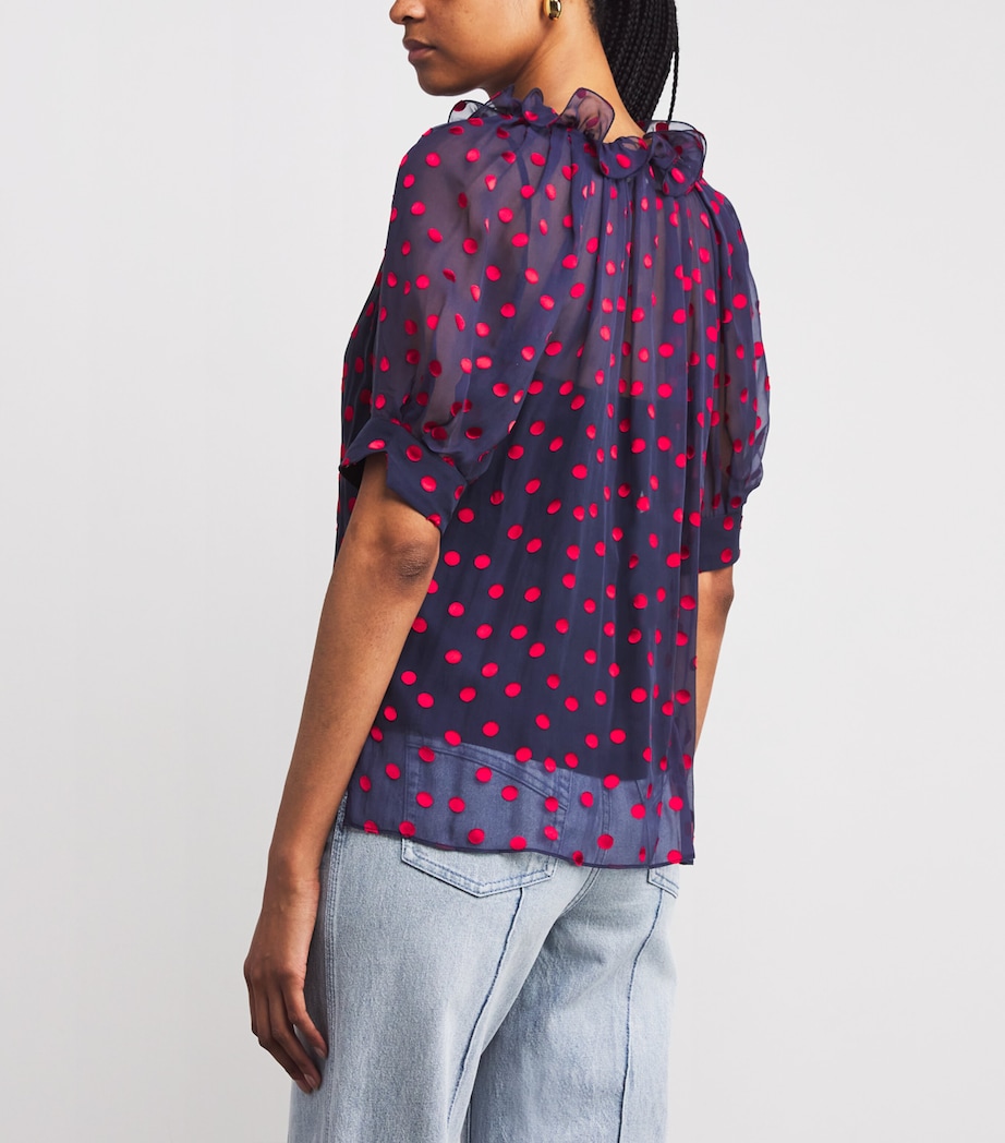 Saloni Womens Silk-Blend Devoré Polka Dot Josie Blouse Navy Brght Rouge Image 4