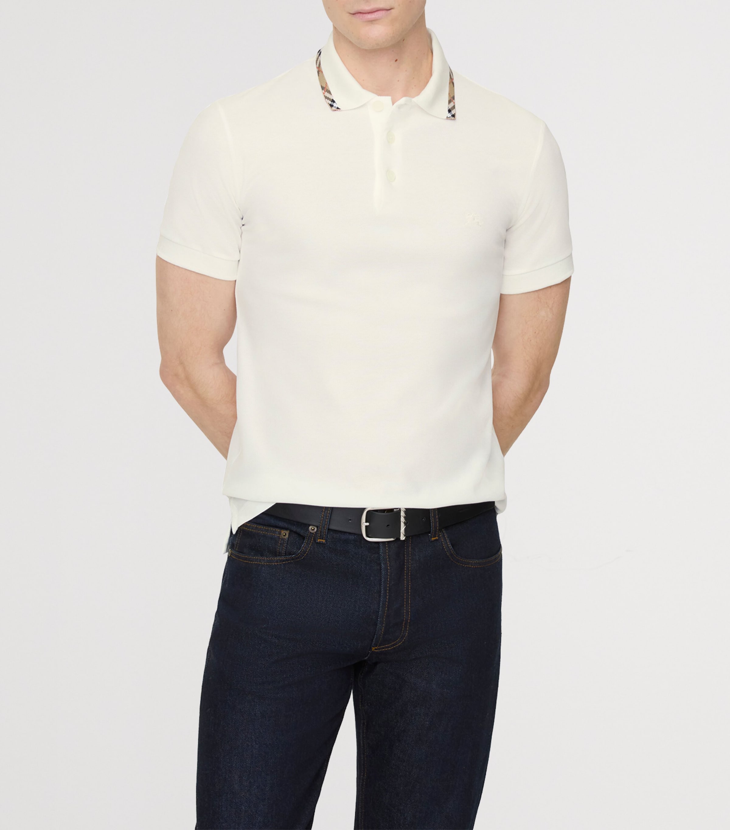 Burberry Mens Cotton Check-Trim Polo Shirt Chalk Image 2