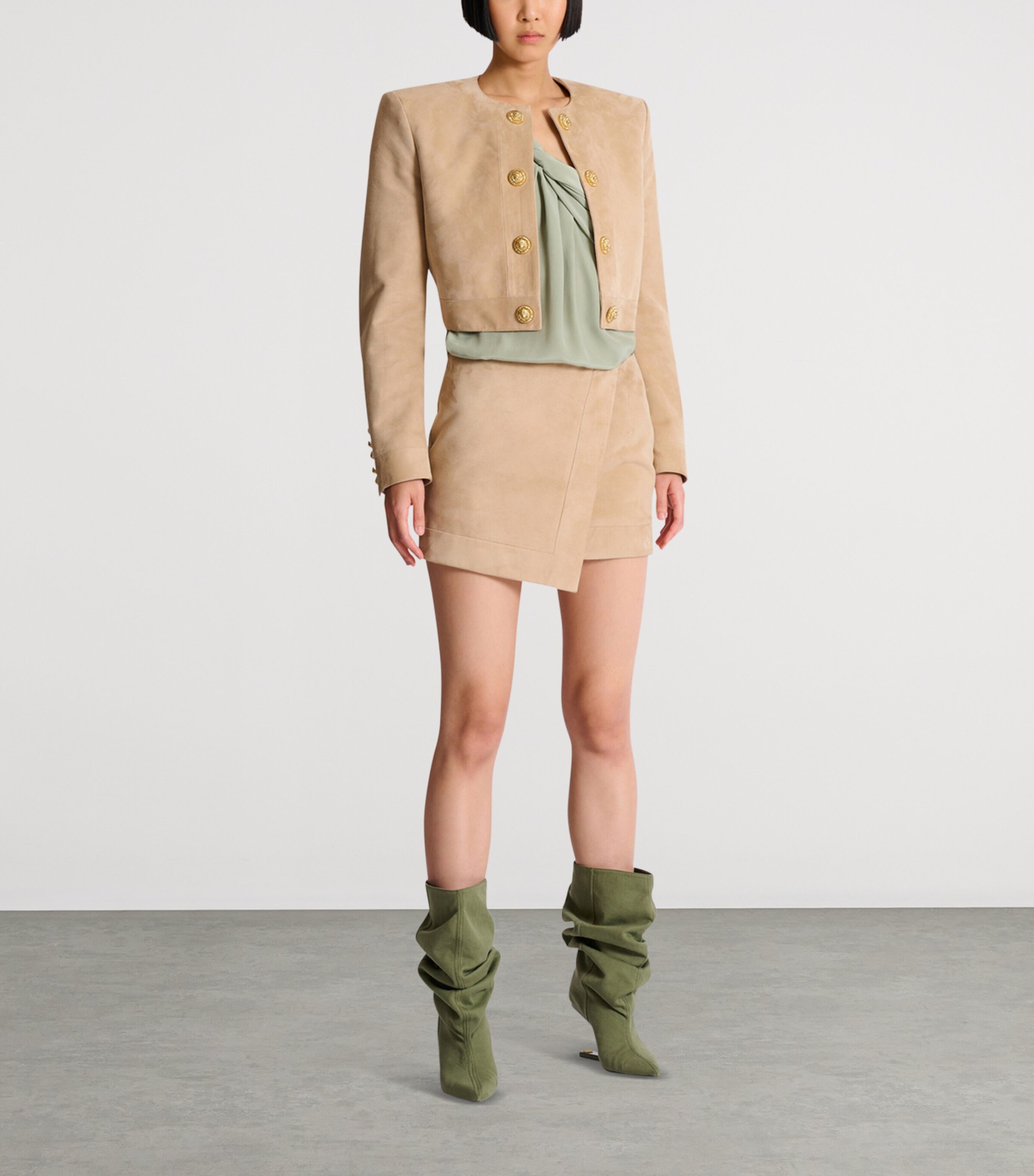 Balmain Womens Suede Wrap Mini Skirt Sable Image 8