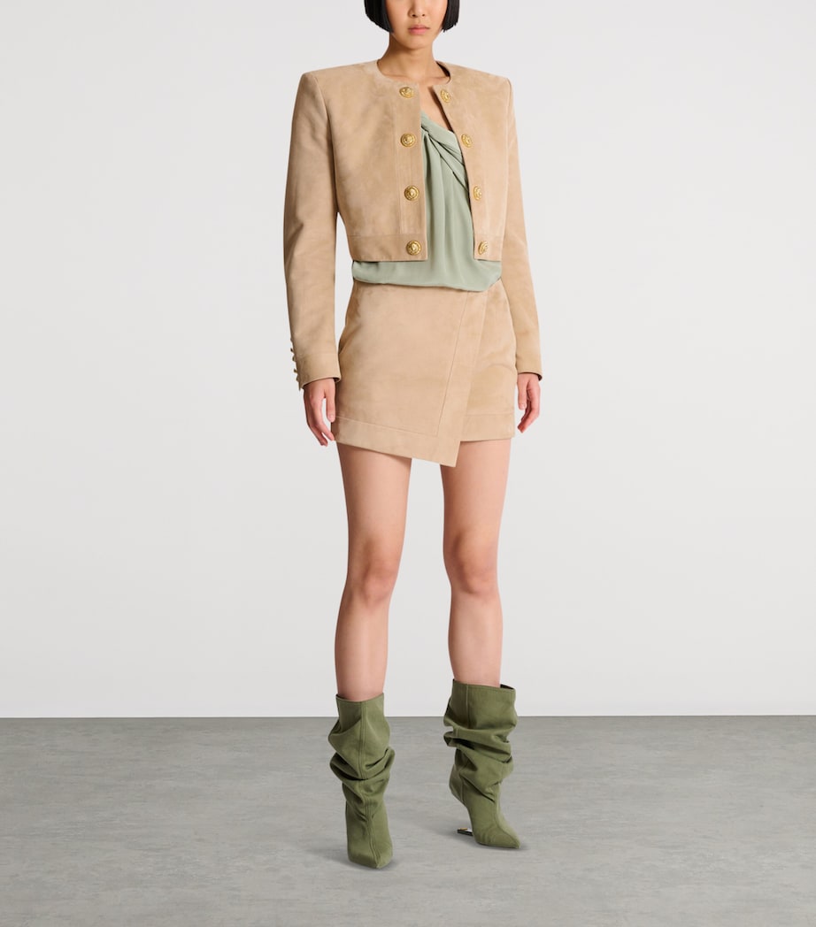 Balmain Womens Suede Wrap Mini Skirt Sable Image 8