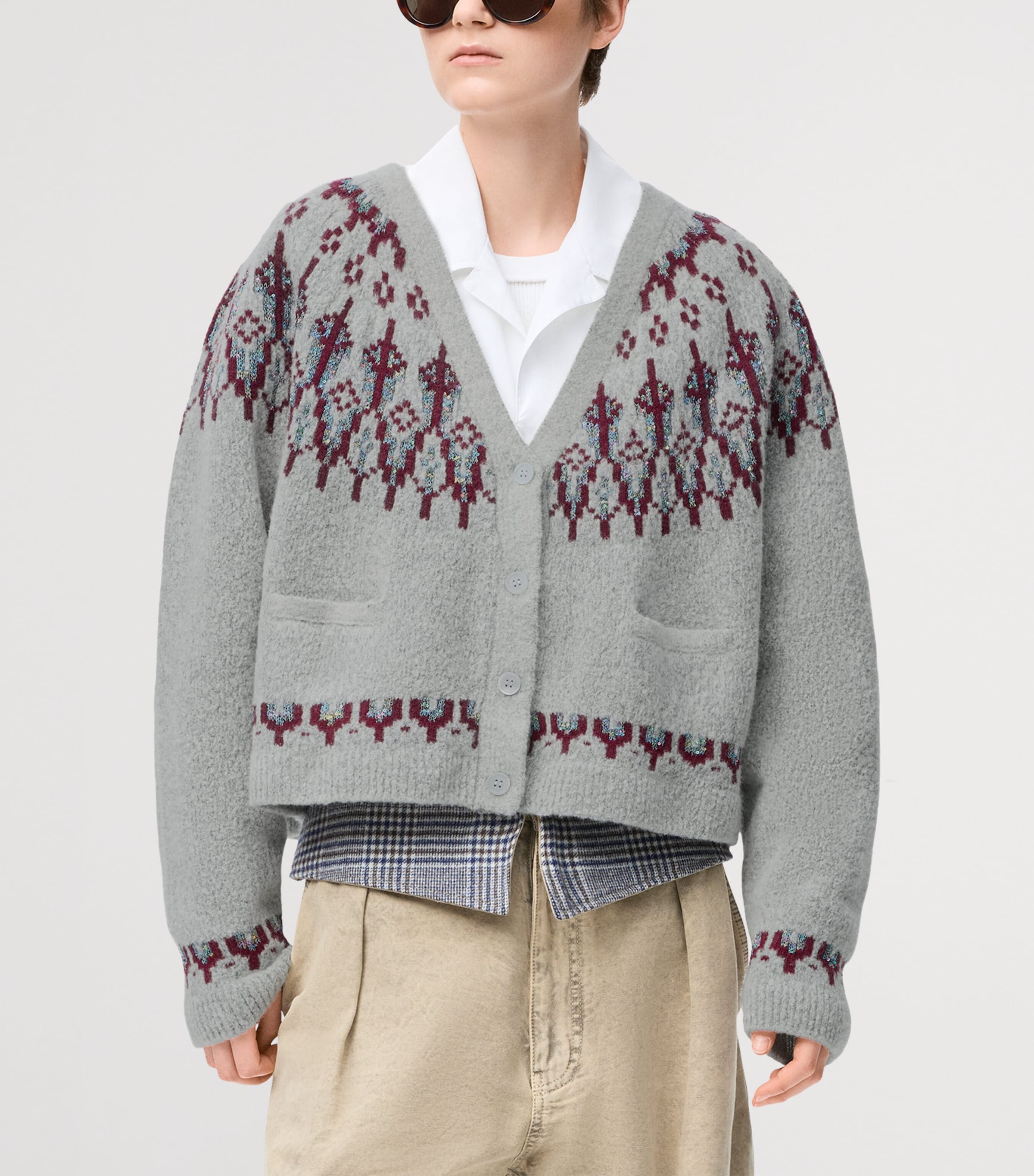 Wool-Blend Sequinned Fair Isle Cardigan LIGHT GREY Image 3