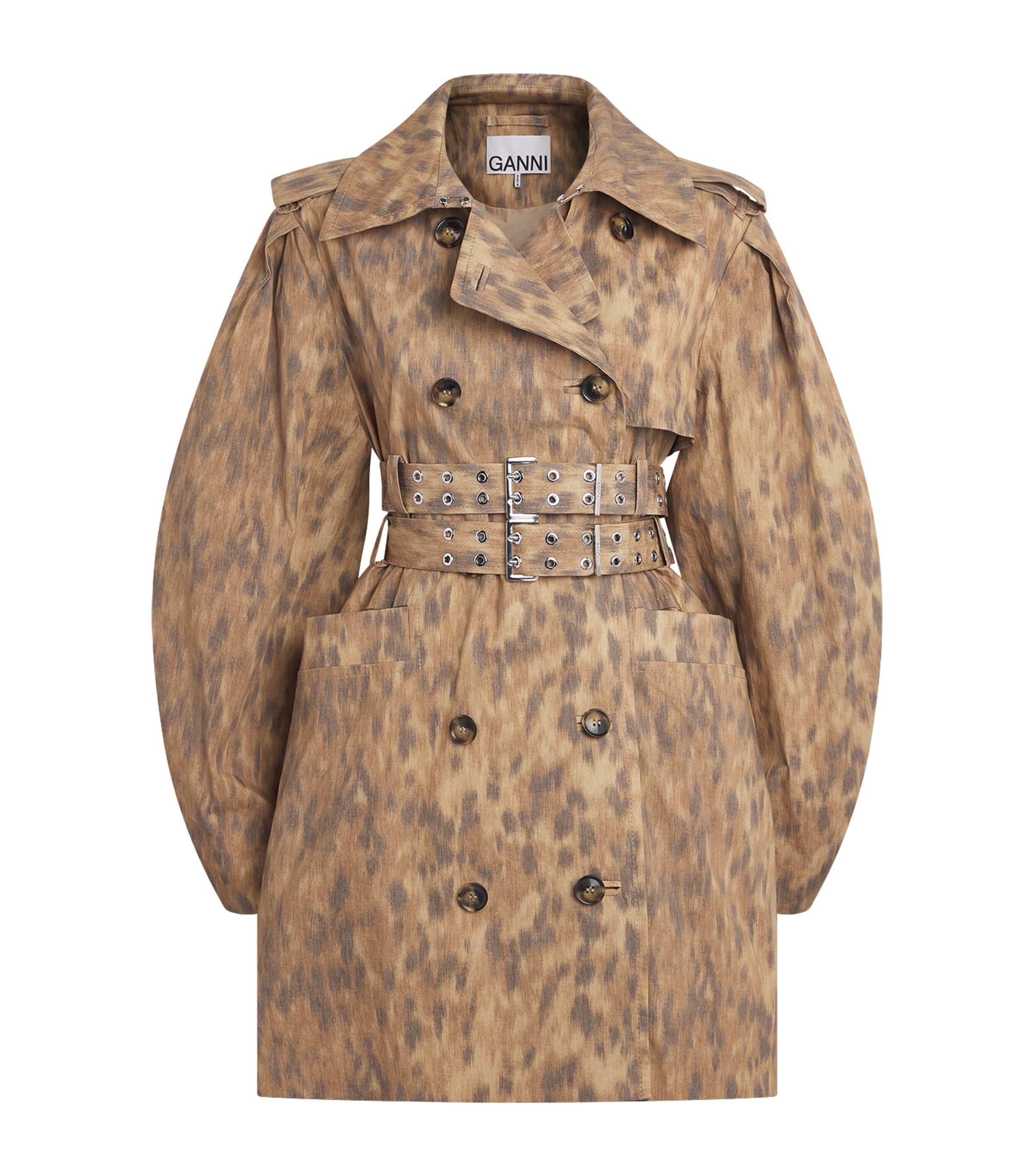 GANNI Womens Stretch-Cotton Leopard Print Belted Trench Coat Zzt Burro Image 1