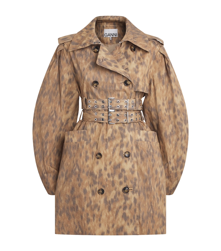 GANNI Womens Stretch-Cotton Leopard Print Belted Trench Coat Zzt Burro Image 1
