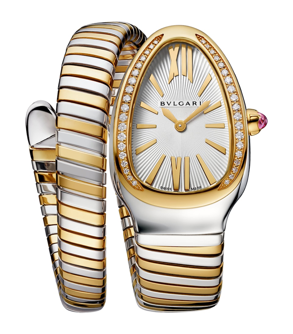 Bvlgari Stainless Steel and Yellow Gold Serpenti Tubogas Watch 35mm White