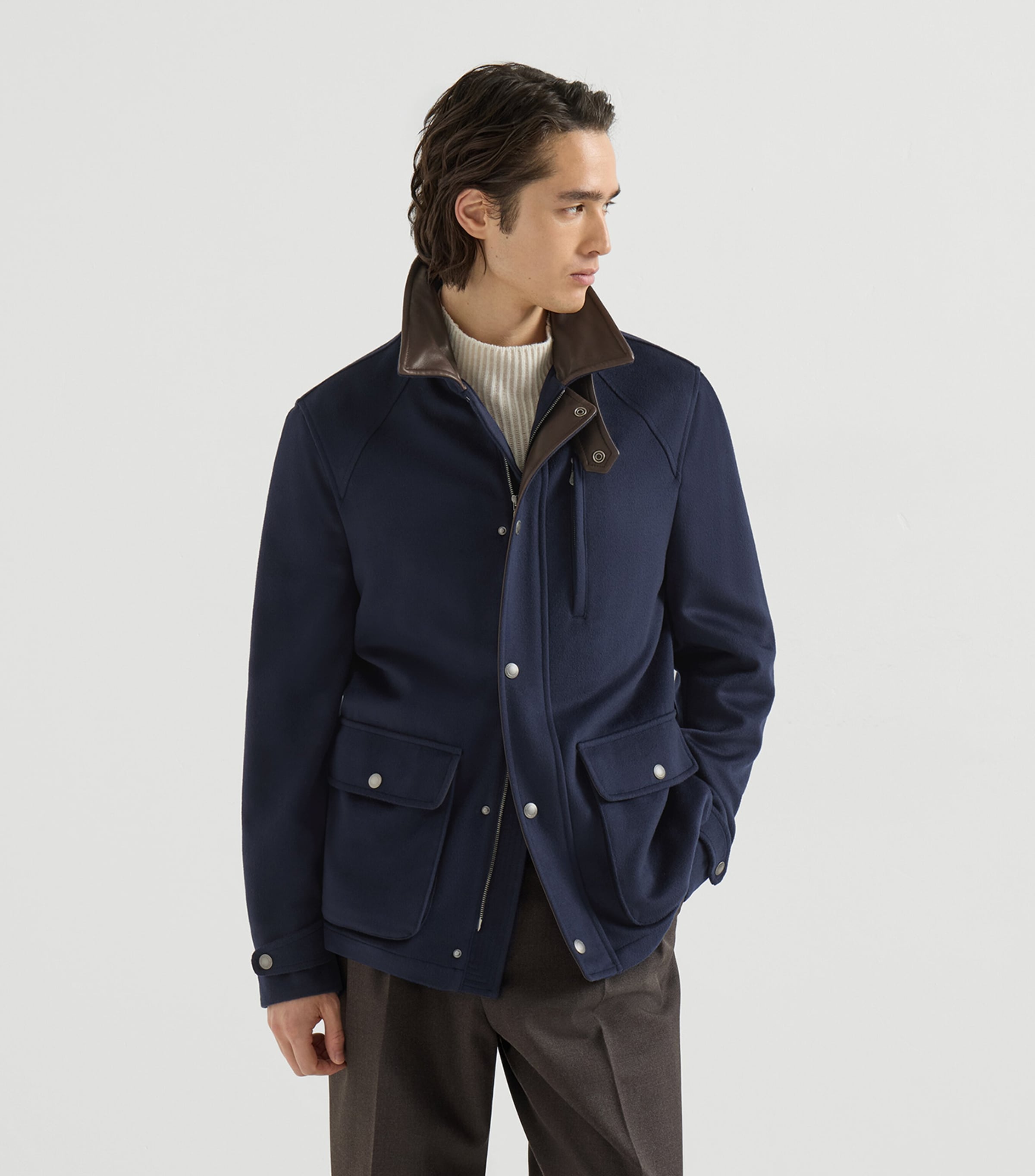 Brunello Cucinelli Mens Virgin Wool Leather-Trim Field Jacket Image 2