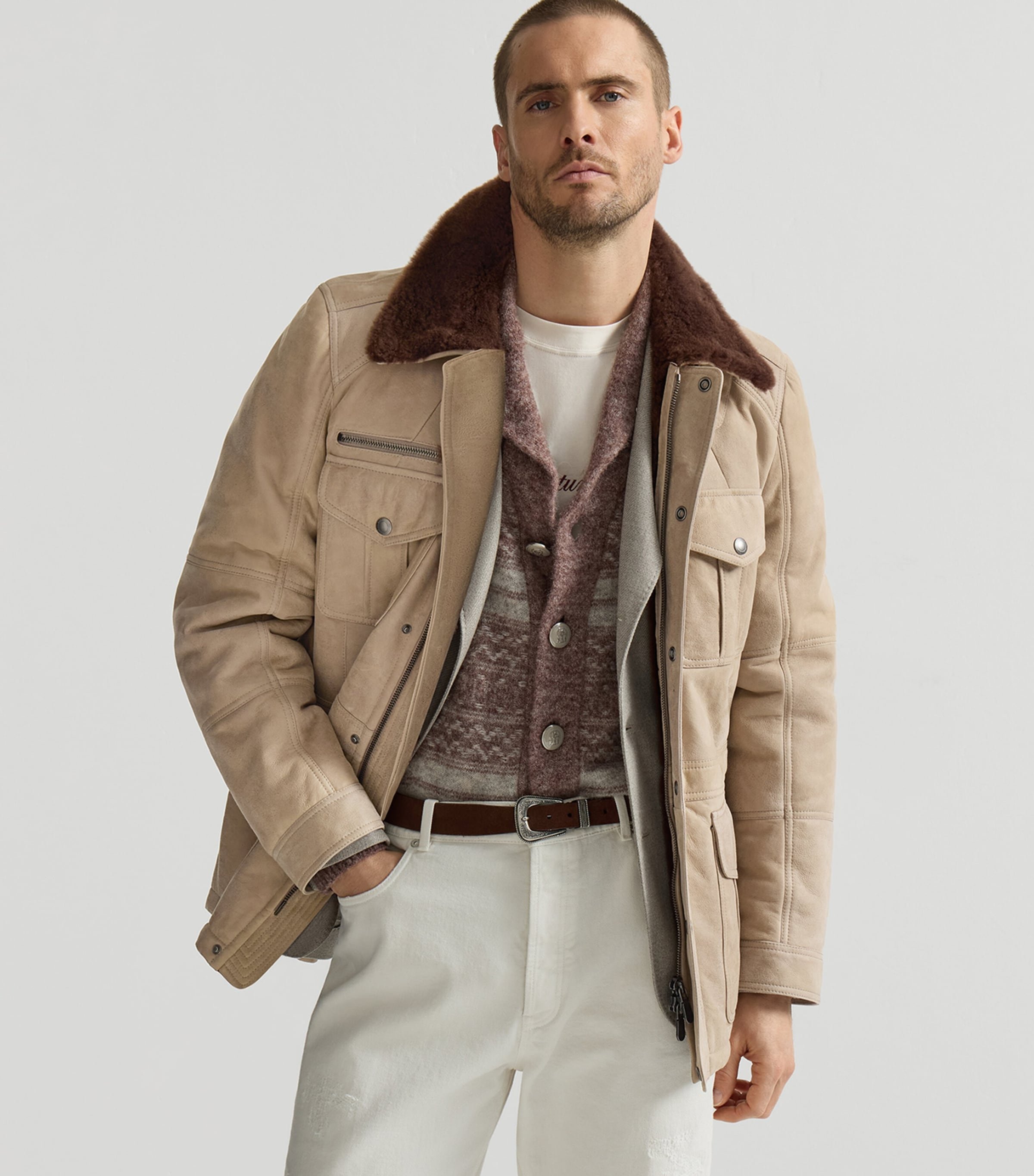 Brunello Cucinelli Mens Waxed Shearling Safari Jacket Image 2