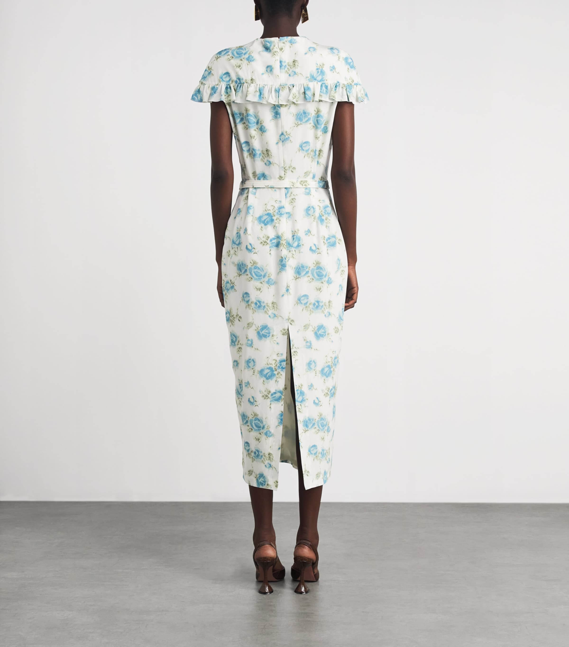 Alessandra Rich Womens Silk Floral Ruffled Midi Dress Blue White Image 4
