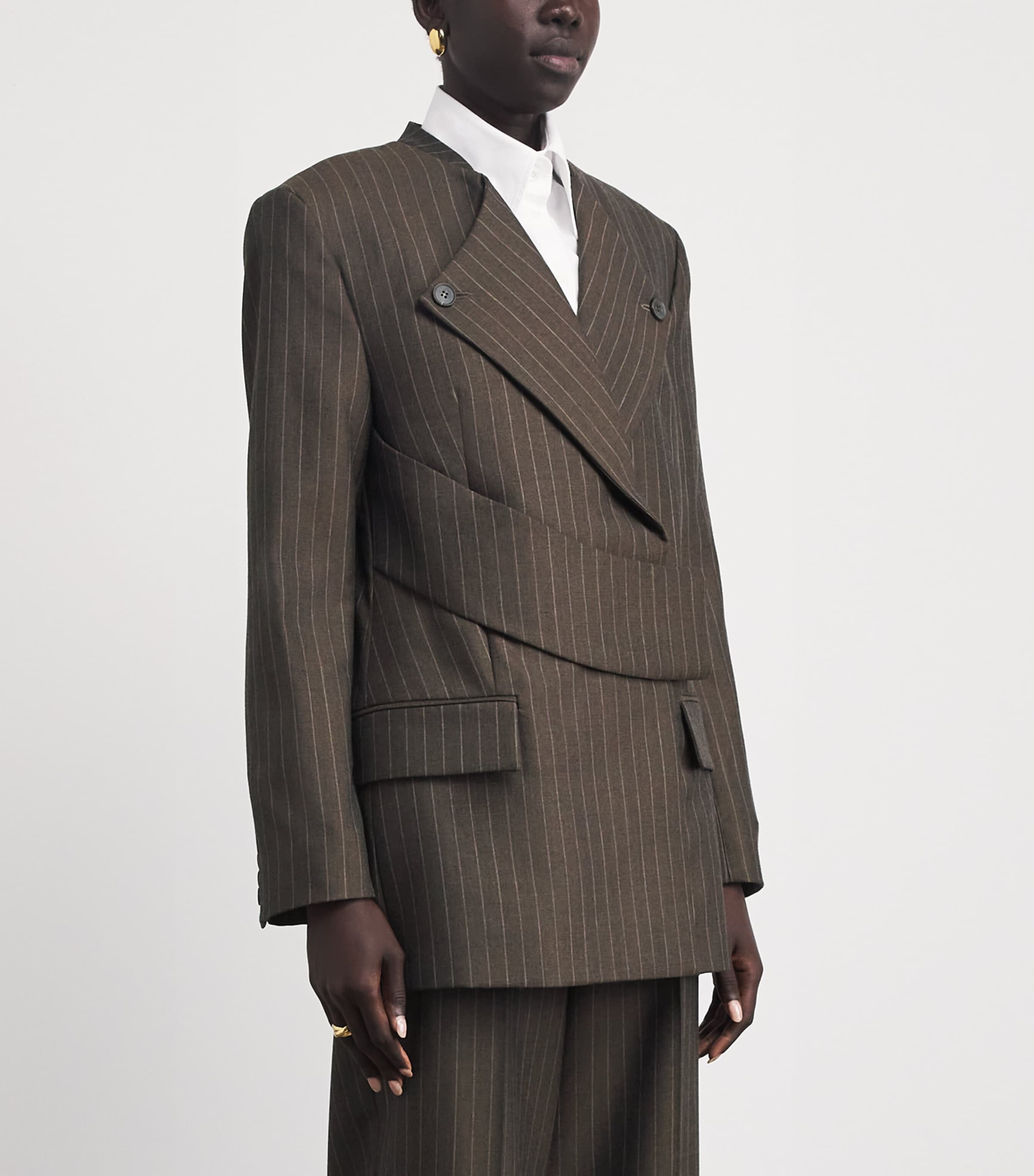 Laura Pitharas Brown Wool Pinstripe Wrap Blazer | Harrods DE