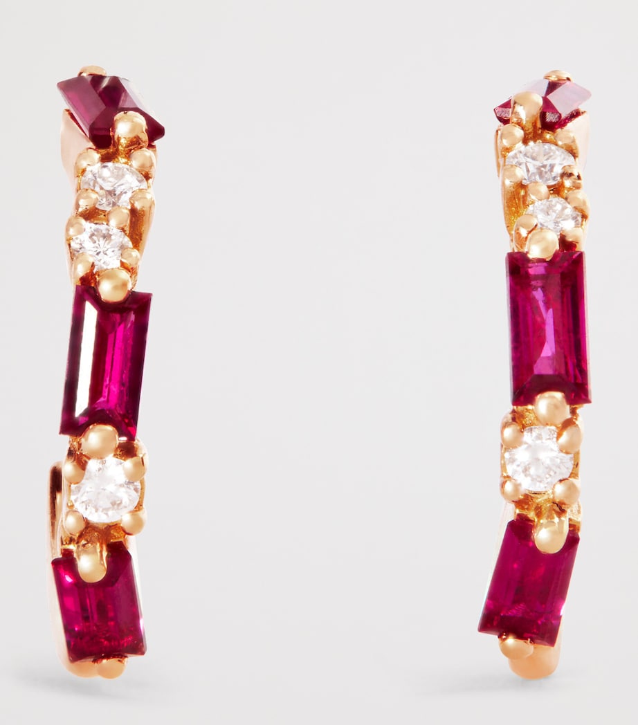 Suzanne Kalan Rose Gold, Ruby and Diamond Thin Mix Hoop Earrings Rg/ruby Image 3