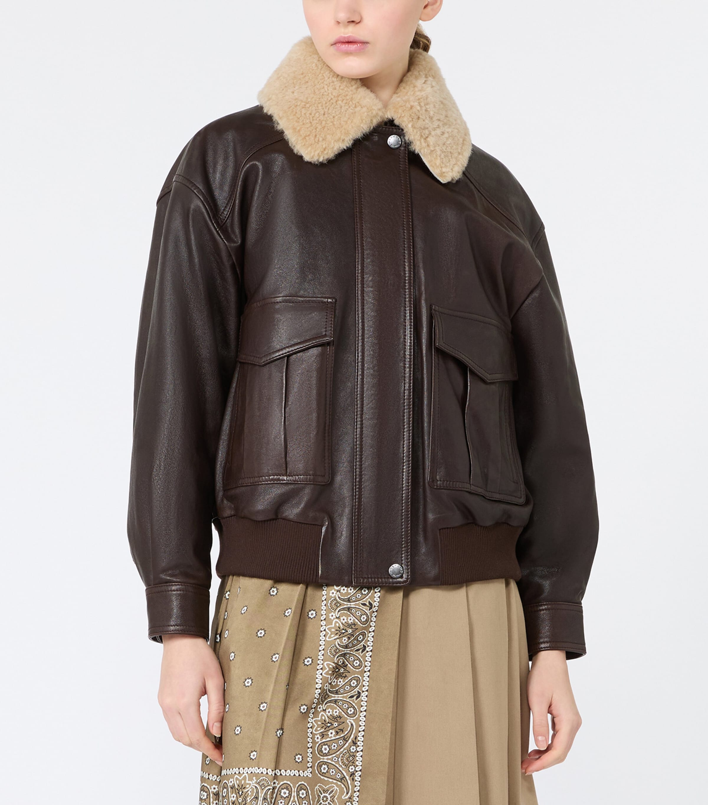 Weekend Max Mara Womens Leather Fur-Trim Jacket Dark Bown Image 3