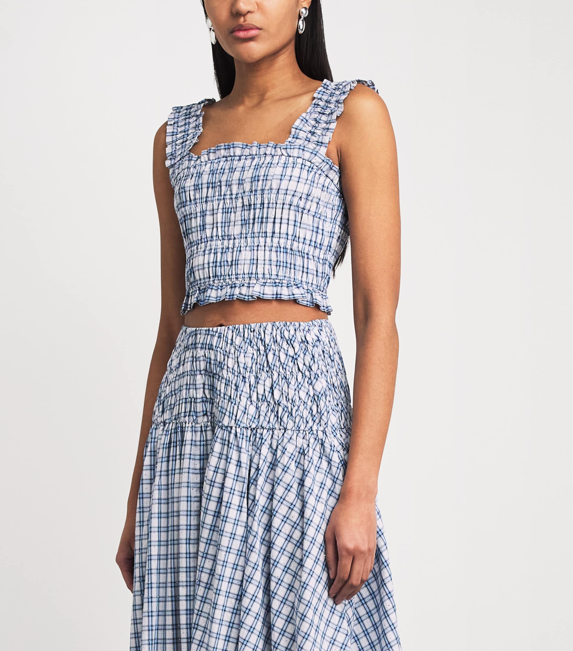 Maje Womens Cotton Embellished Smocked Top Blue Check Print Image 4