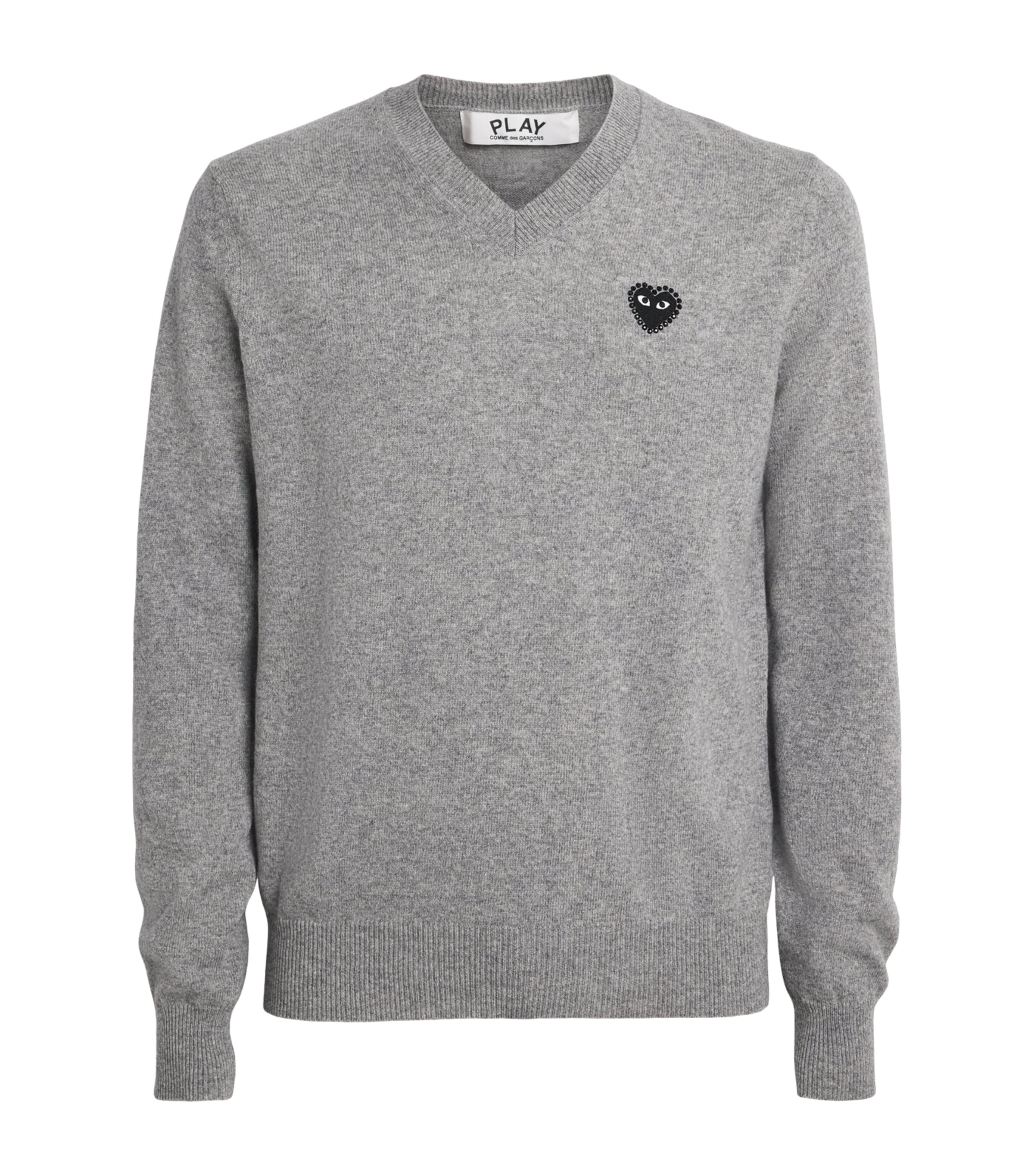 Comme Des Garçons Play Mens Wool V-Neck Rhinestone Heart Sweater Lt Grey Image 1