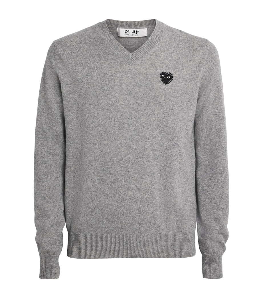 Comme Des Garçons Play Mens Wool V-Neck Rhinestone Heart Sweater Lt Grey Image 1