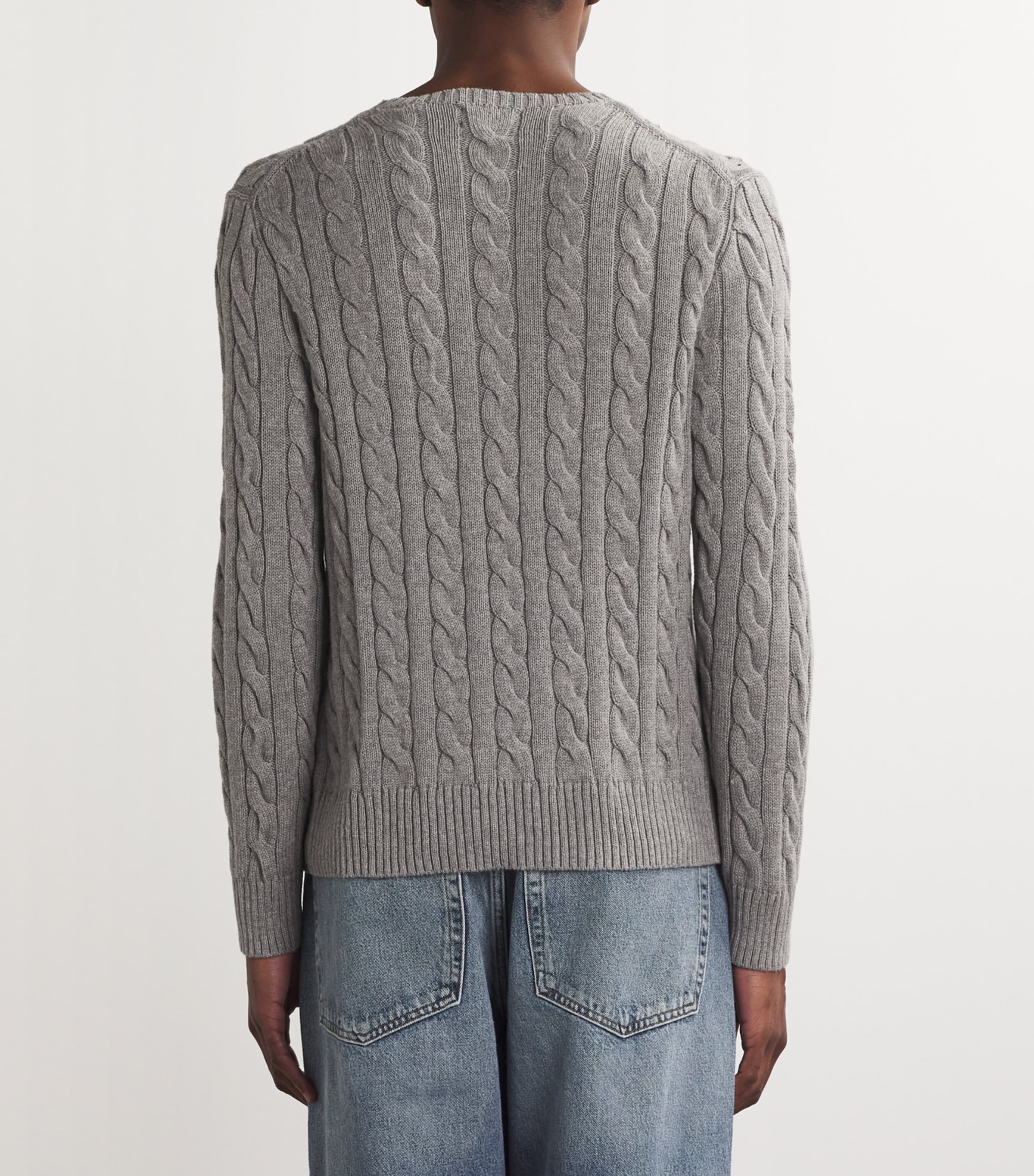 Polo Ralph Lauren Grey Cable-Knit Polo Logo Sweater | Harrods US