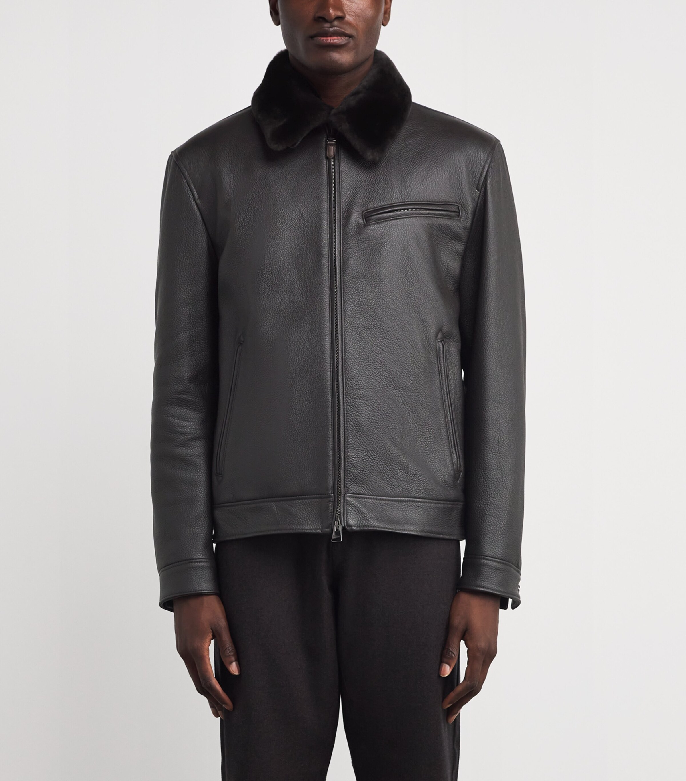 Canali Mens Leather Fur-Collar Jacket Image 3