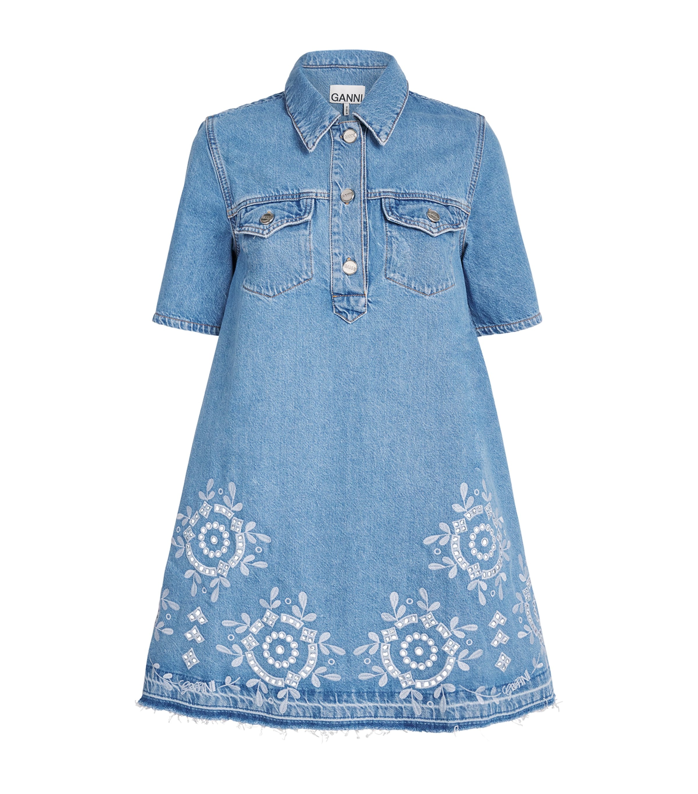 Ganni Denim Dress With Embroidered Hem And Pockets