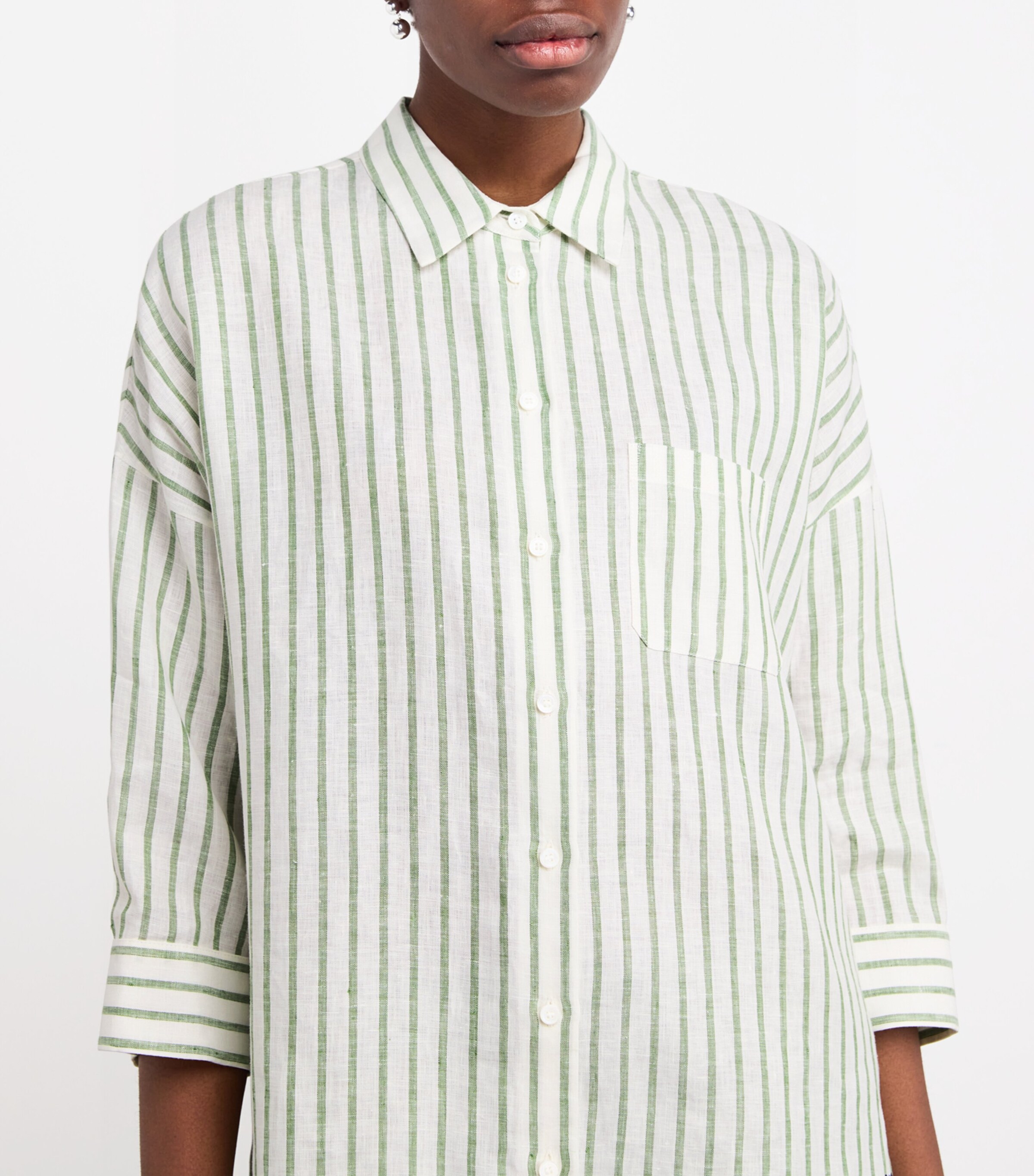 Linen Cropped-Sleeve Stripe Shirt GREEN Image 6