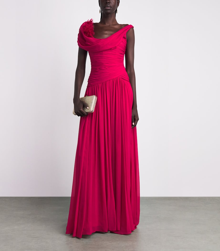 Carolina Herrera Womens Silk Chiffon Floral Embellished Gown Cranberry Image 2