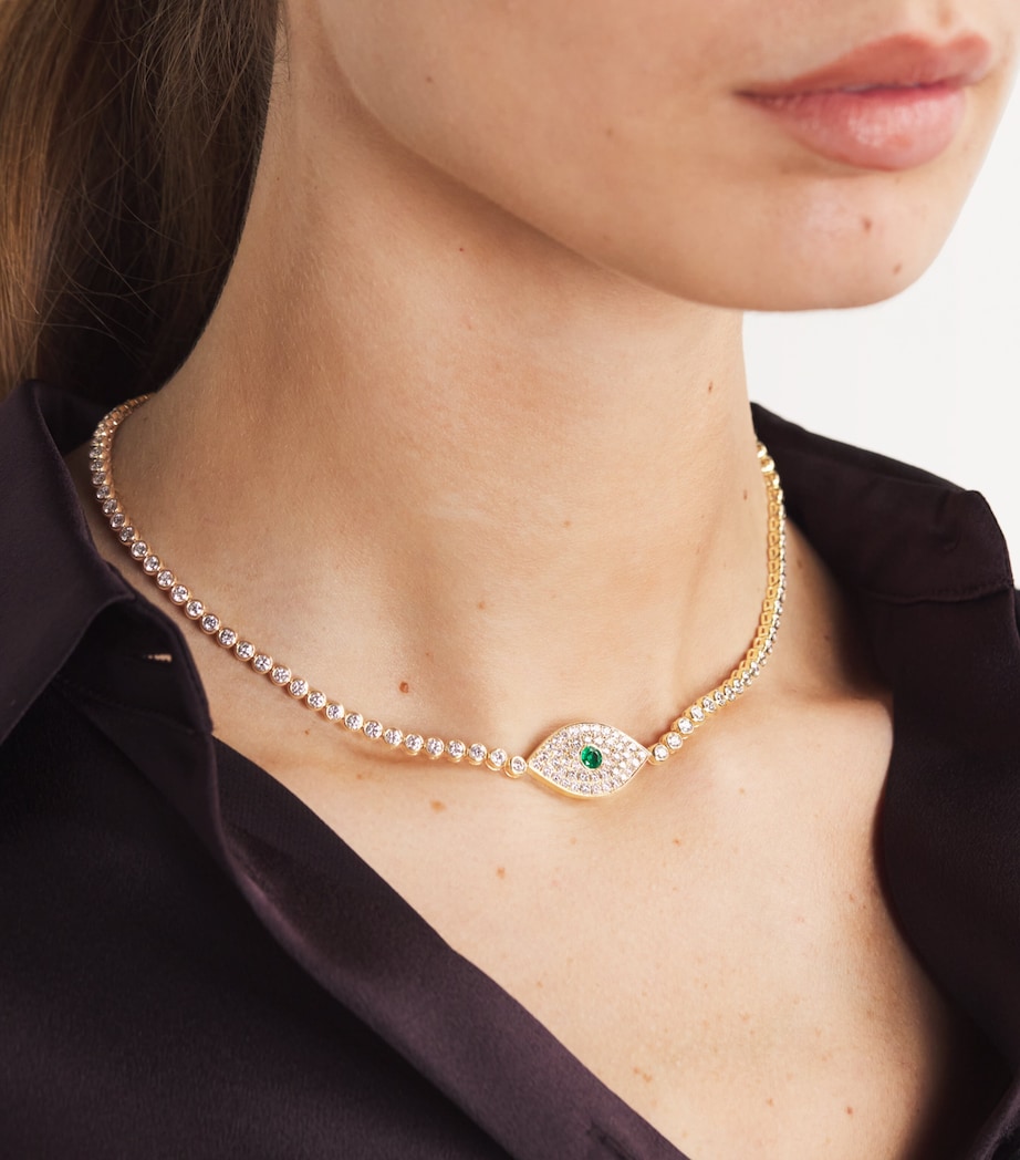 Yellow Gold, Diamond and Emerald Evil Eye Choker Necklace YELLOW GOLD Image 2