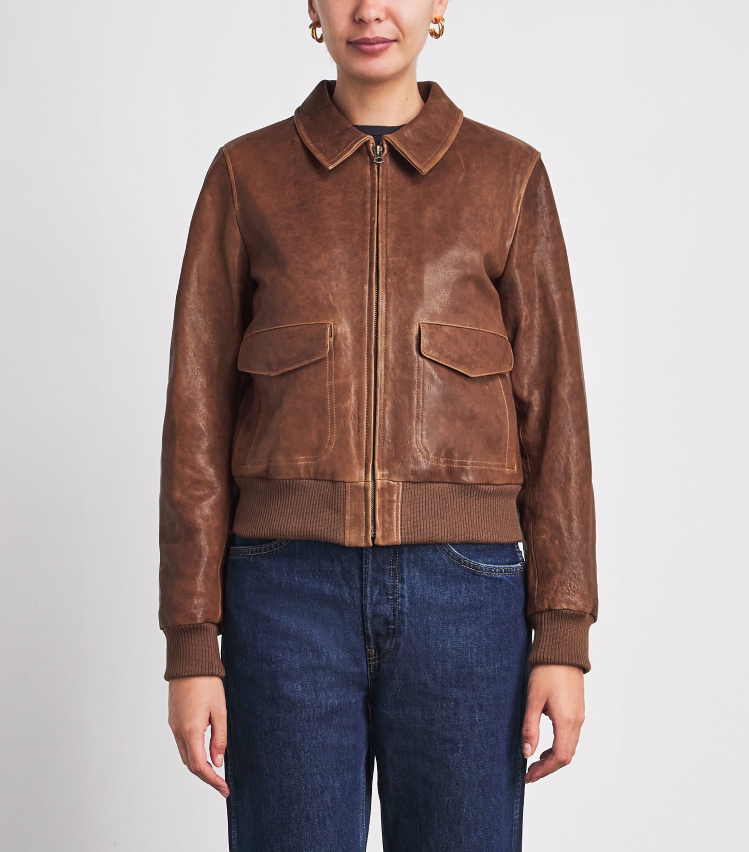 Re-Done Womens Leather Quinn Bomber Jacket Cognac Image 4