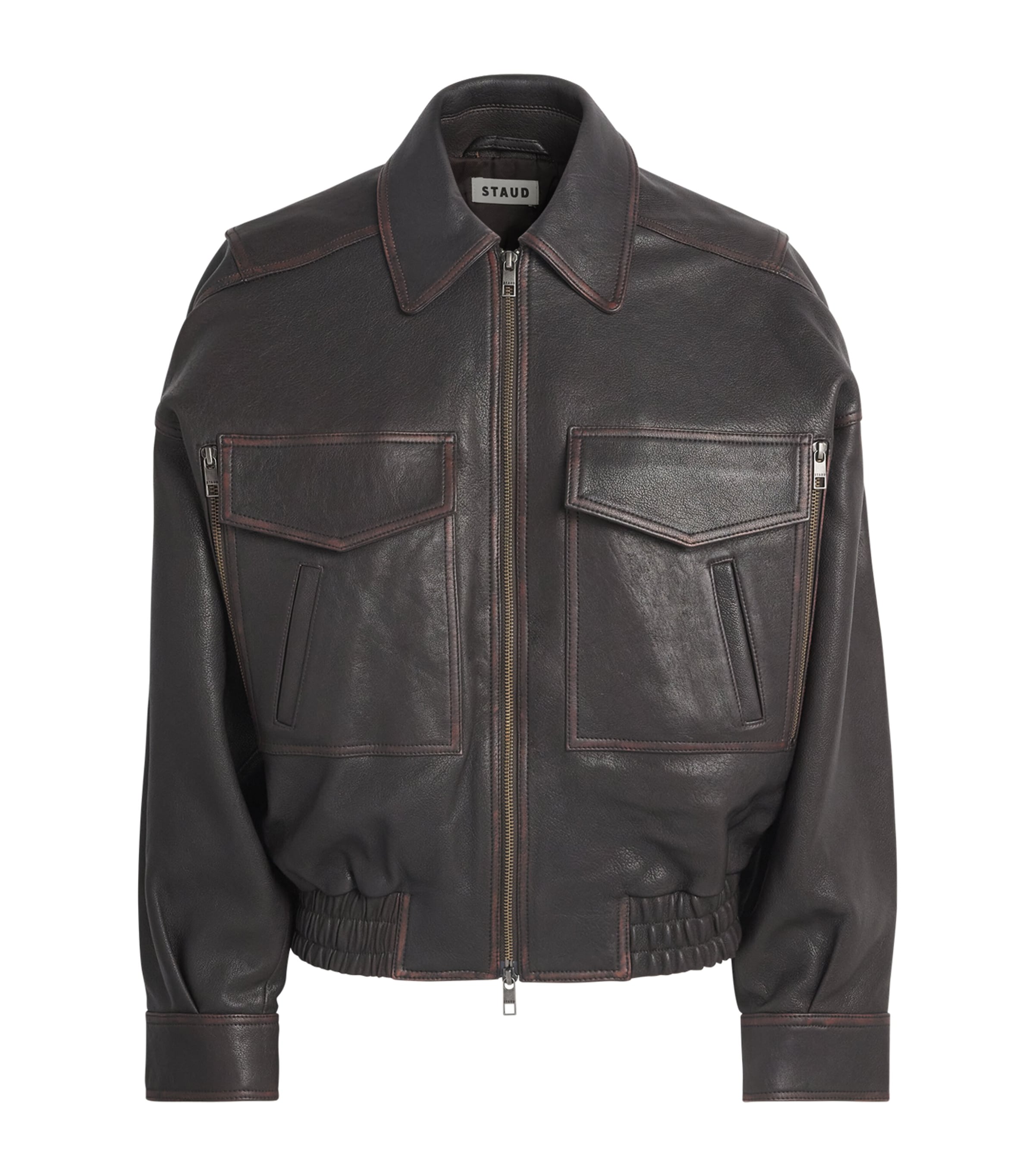STAUD Womens Eugene Distressed Leather Jacket Dstb Distressed Brwn Image 1