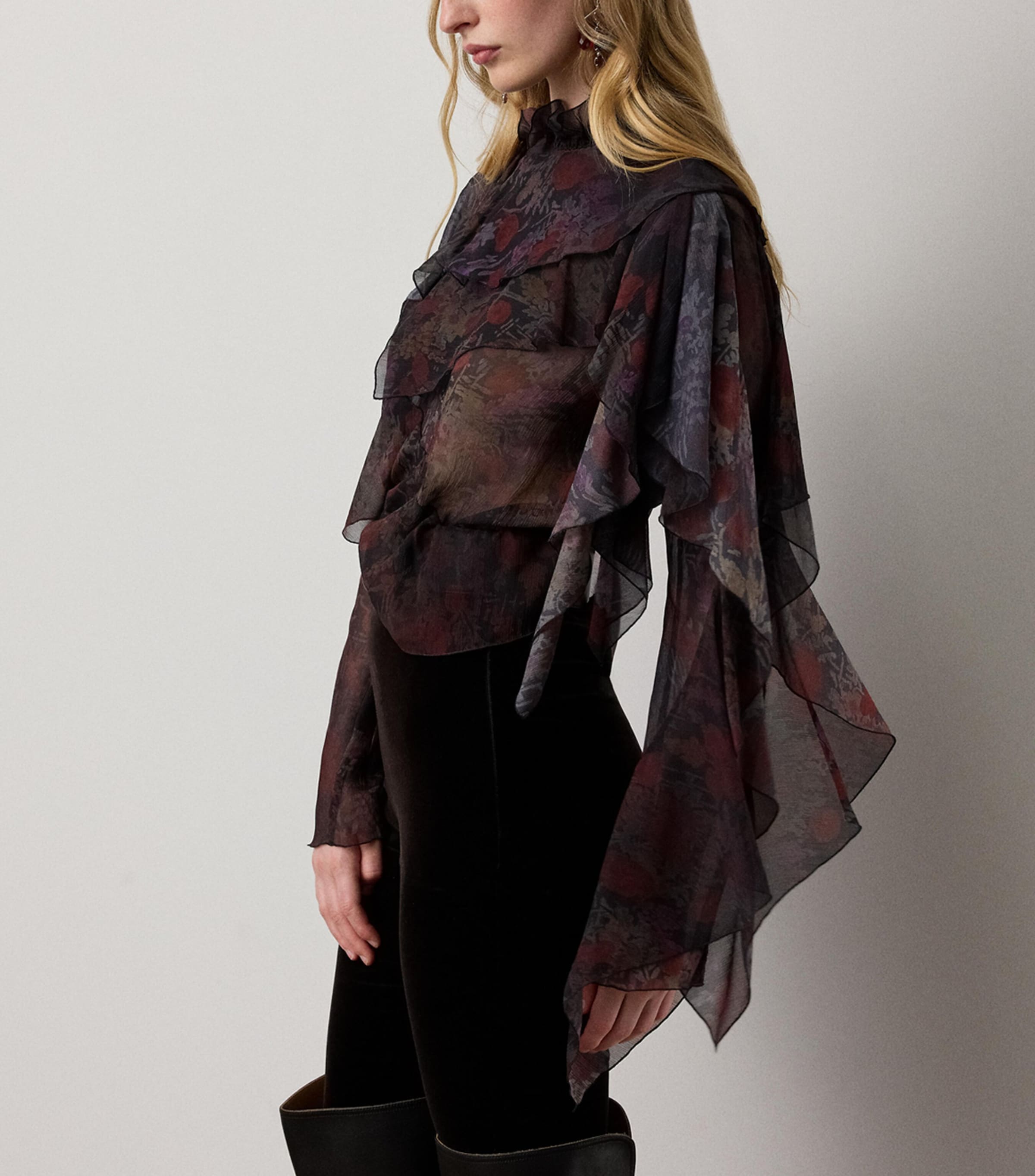 Silk Chiffon Ruffle-Trim Ilene Blouse BLACK/CRIMSON MULTI Image 5