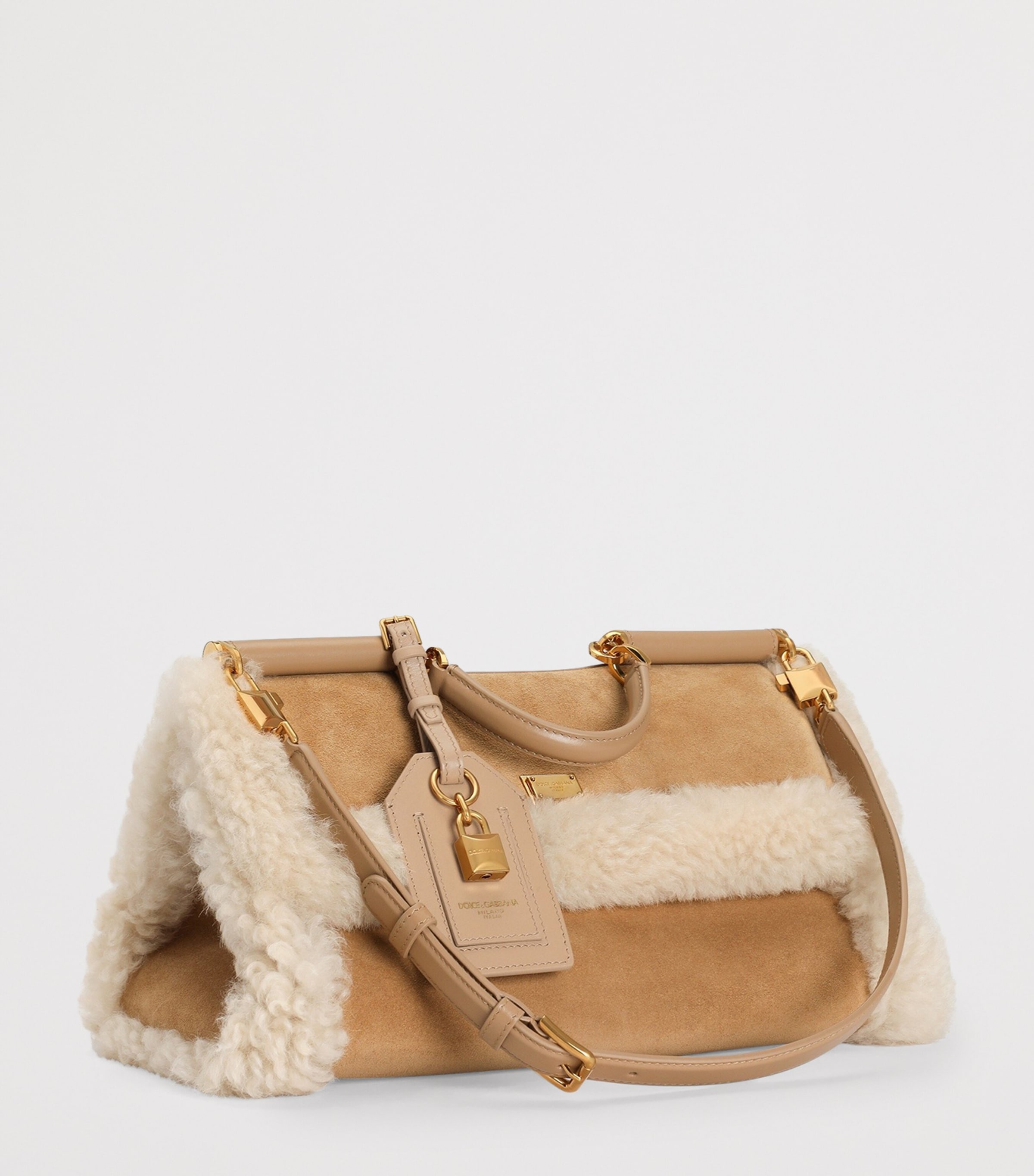 Calfskin Fur-Trim My Sicily Top-Handle Bag 8L798-CAMMELLO/NUDO Image 4