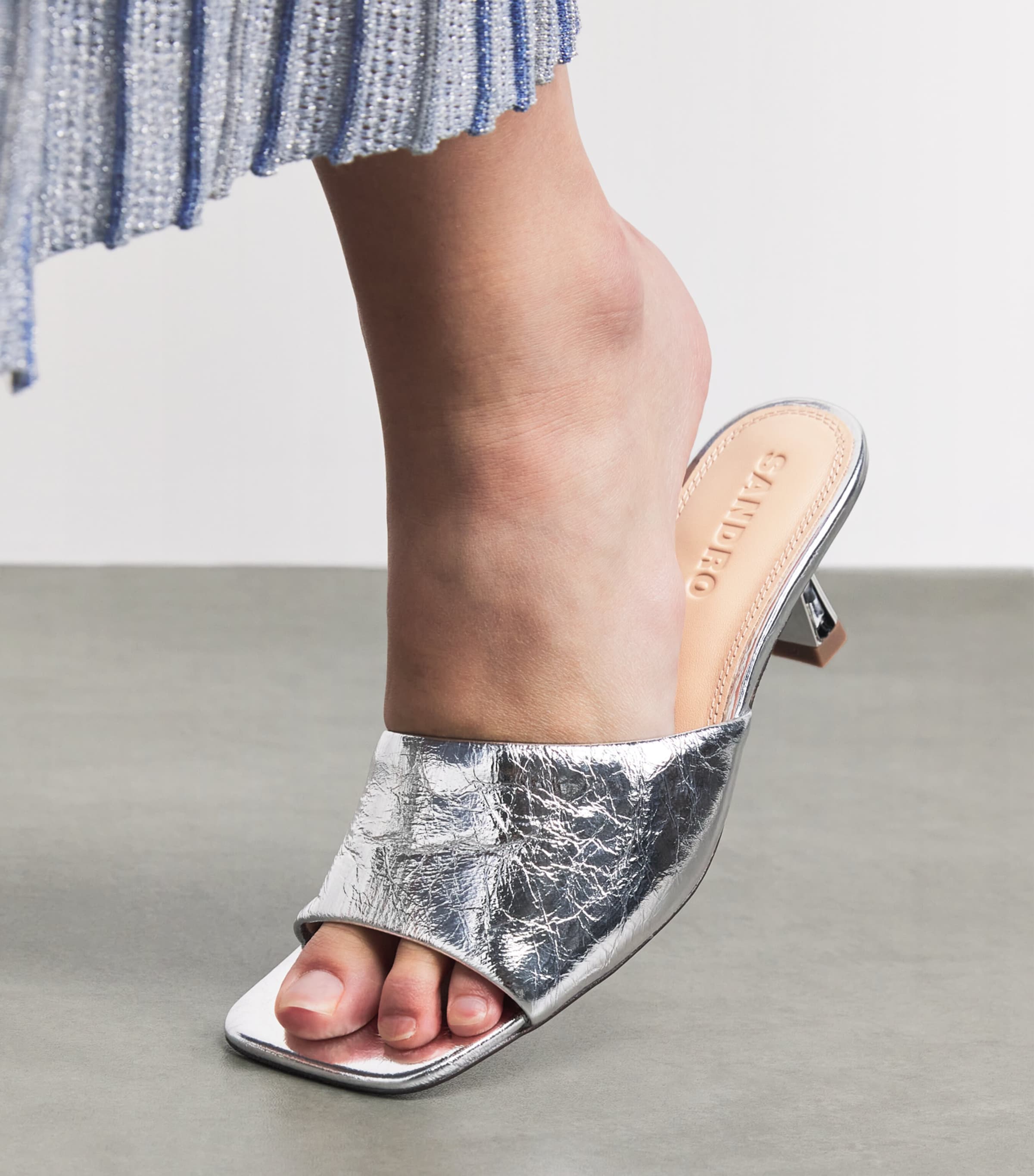 Sandro Paris Metallic Leather Heeled Mules 55 Silver Image 4