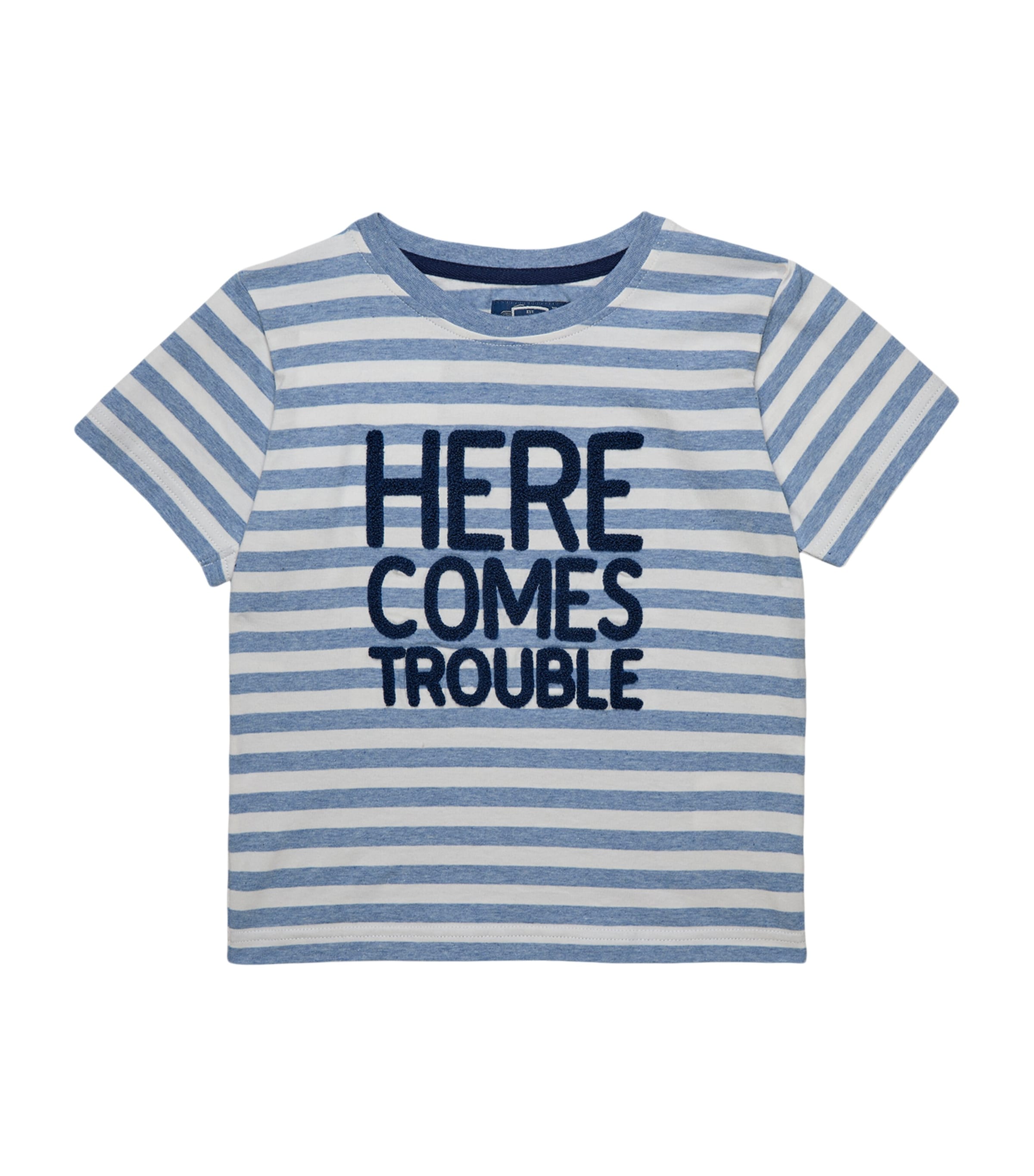 Trotters Stretch-Cotton Stripe Here Comes Trouble T-Shirt (2-5 Years) Pale Blue Stripe Image 1
