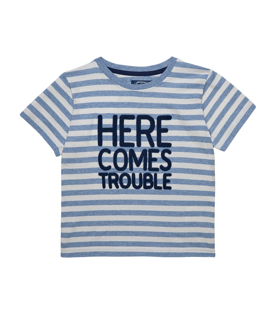 Trotters Stretch-Cotton Stripe Here Comes Trouble T-Shirt (2-5 Years) Pale Blue Stripe Image 1