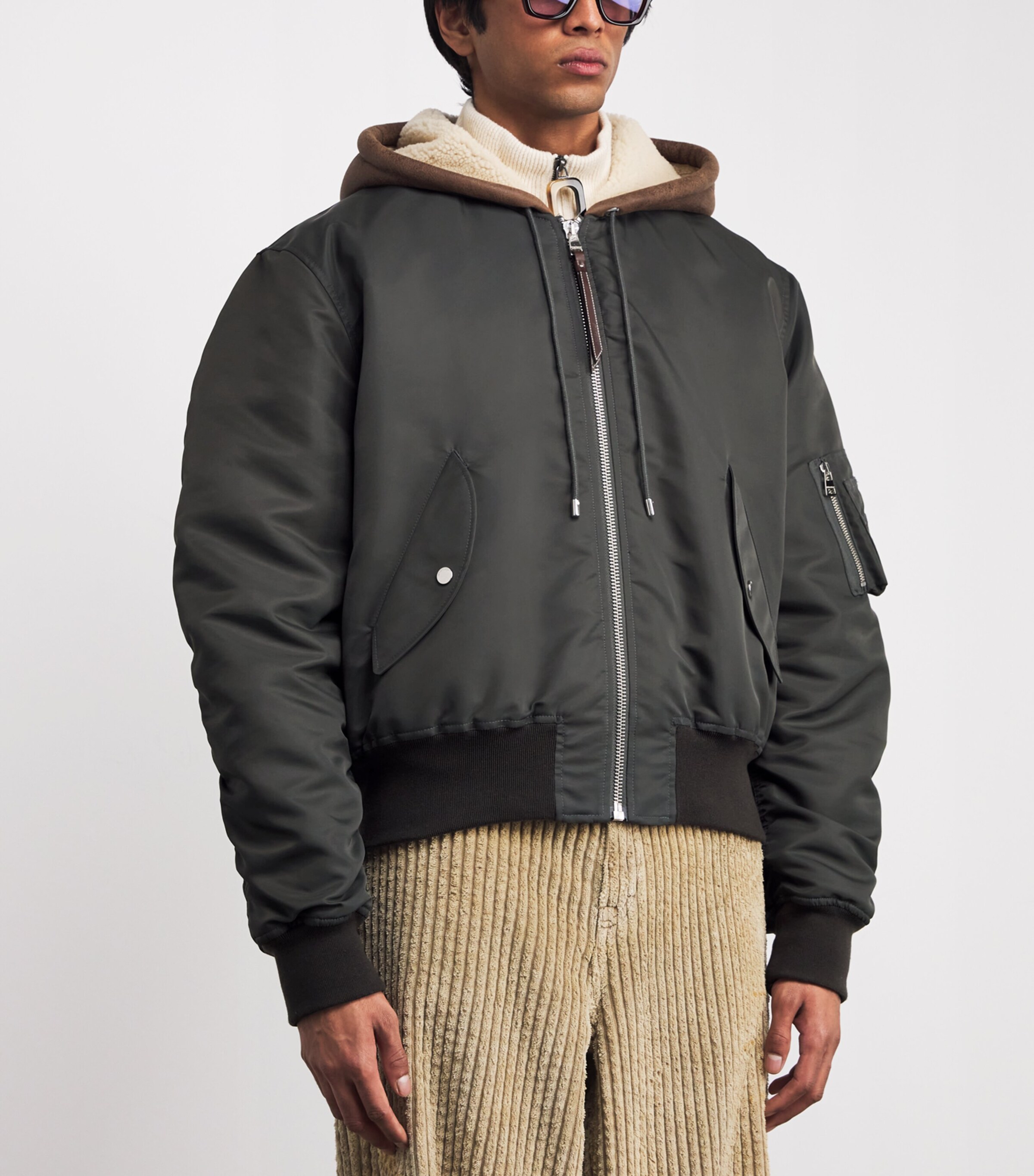 JW Anderson Mens Shearling-Hood Bomber Jacket Dark Khaki Image 3
