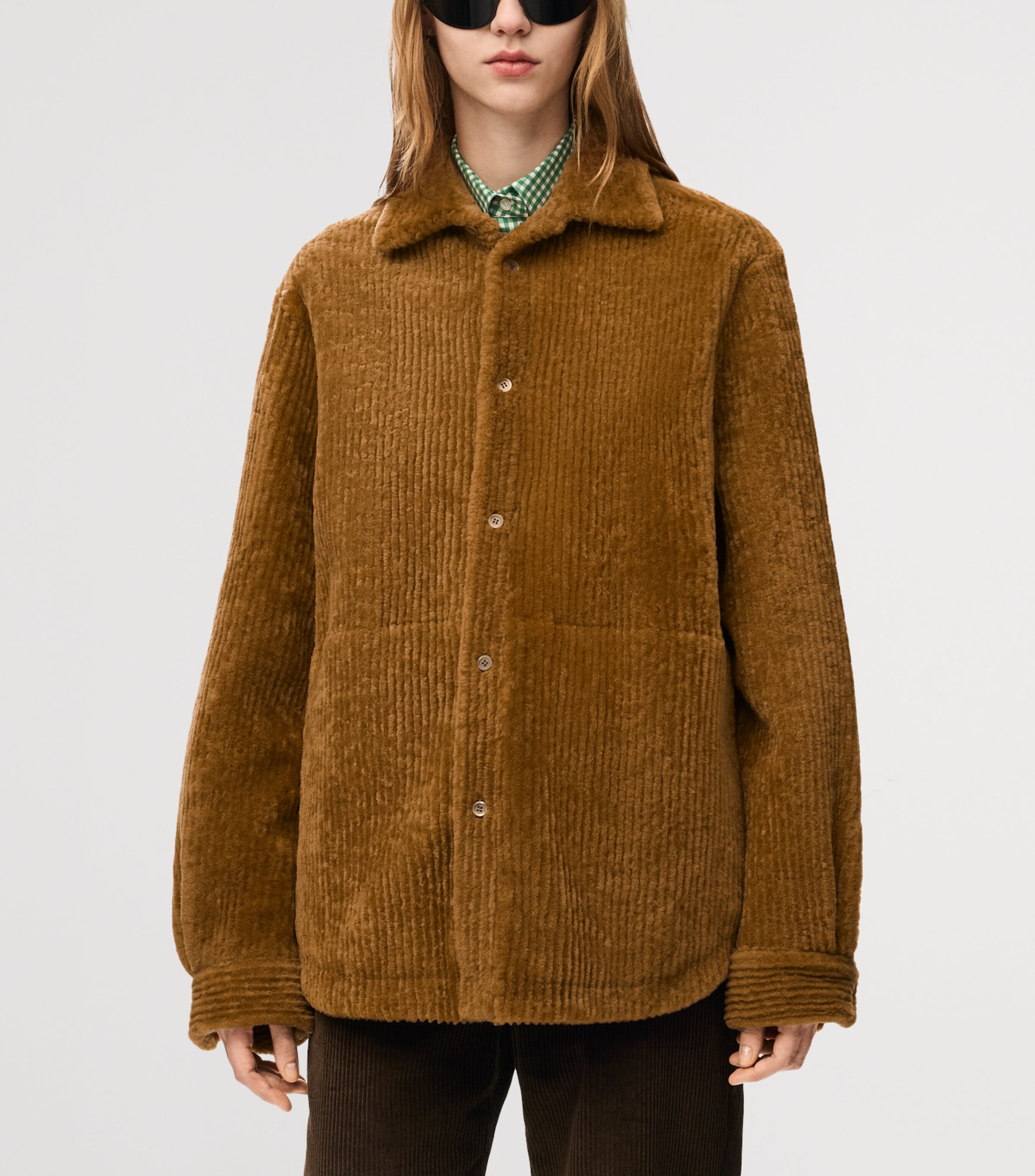 LOEWE Womens Corduroy Merino Shearling Overshirt Camel Image 3