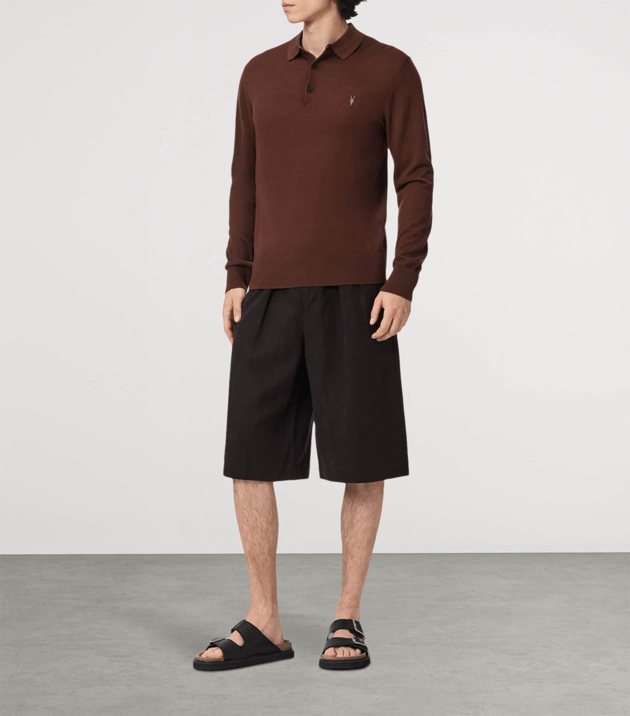 AllSaints Mens Merino Wool Mode Polo Shirt Hot Choc Brown Image 2