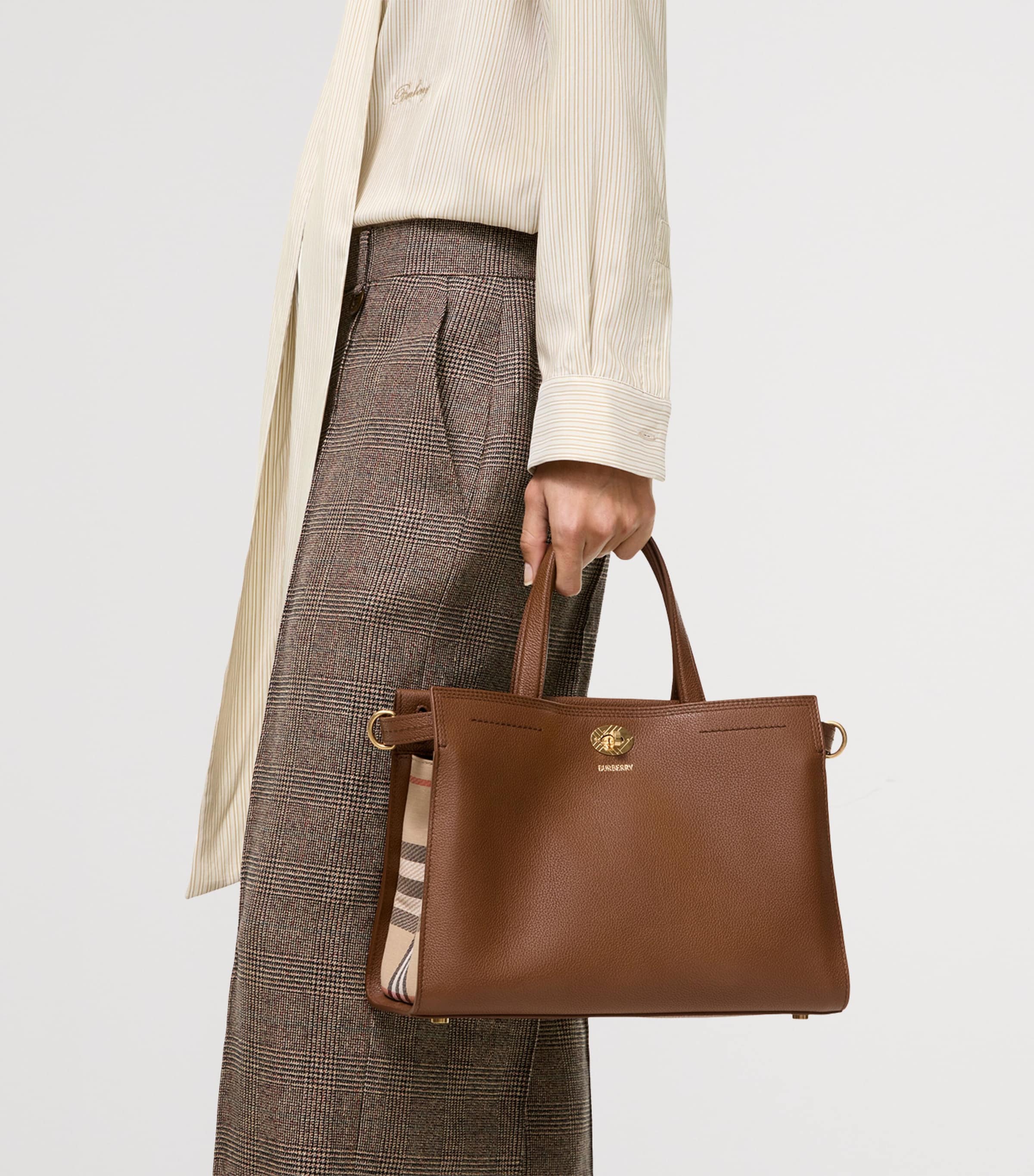 Burberry Womens Small Leather Cotswolds Check Tote Bag Hazel Image 3
