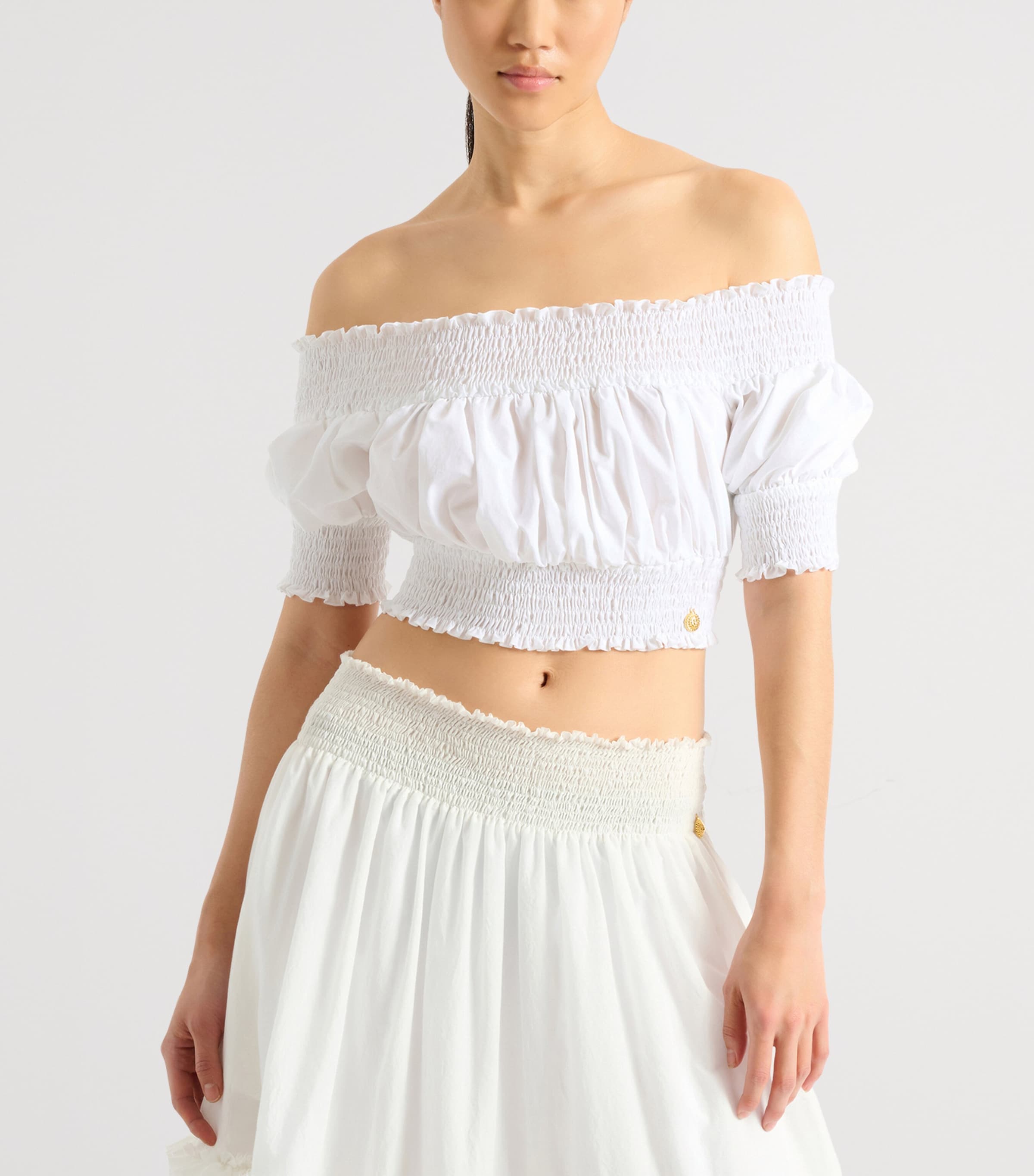 Balmain Womens Cotton Off-The-Shoulder Crop Top Blanc Optique Image 4