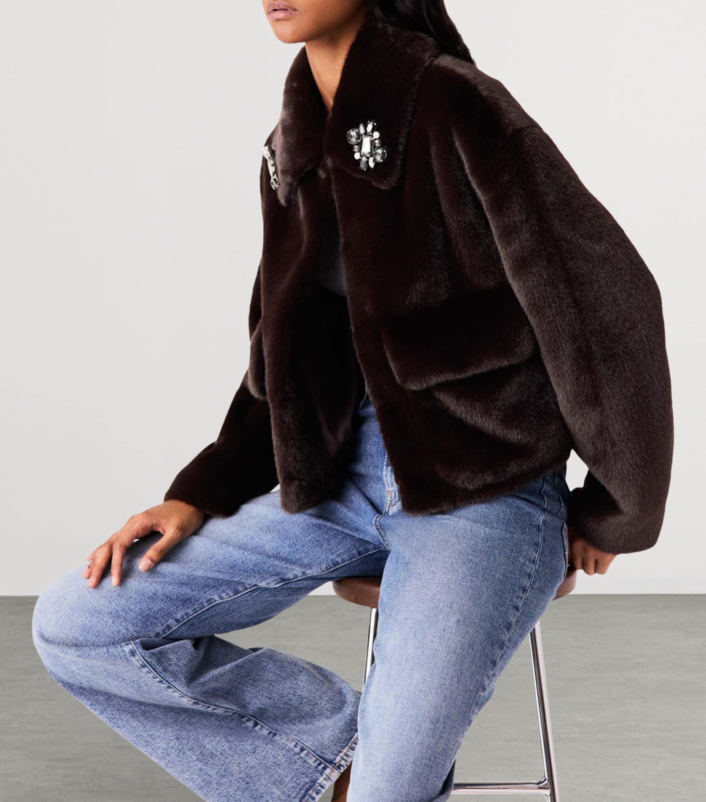 Maje Womens Faux Fur Cropped Jacket Dark Brown Image 6