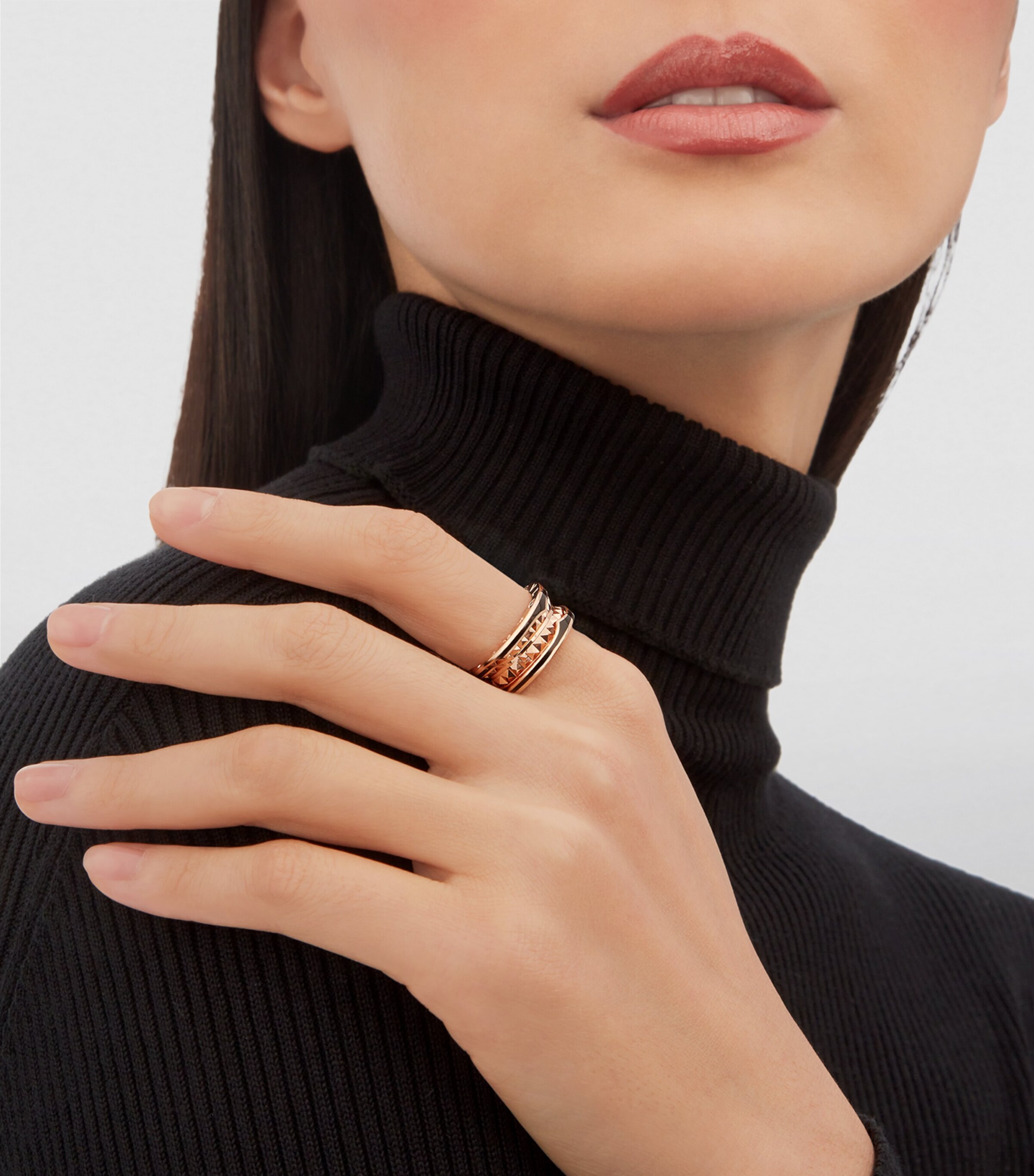 Bvlgari Rose Gold and Black Ceramic B.zero1 Rock Two-Band Ring Pink Gold Image 7
