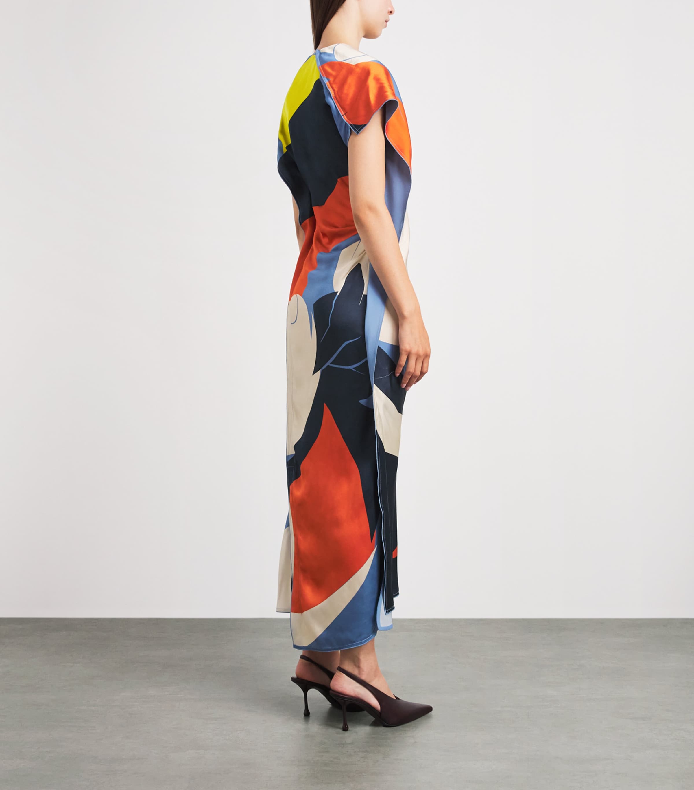 Victoria Beckham Womens Satin Draped Midi Dress Abstract Ocean Mist Image 4