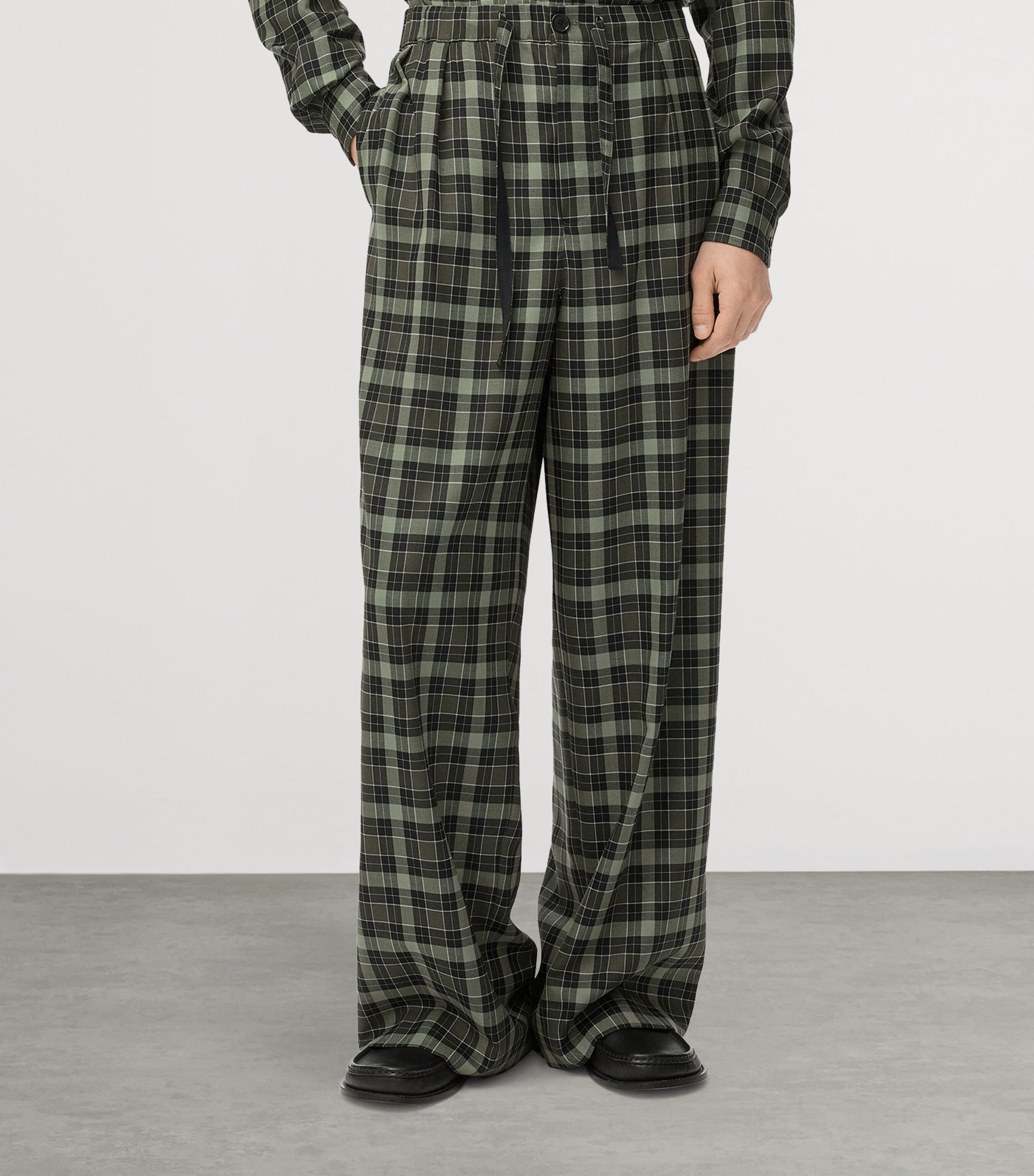 Wool-Blend Check Drawstring-Waist Trousers KHAKI/BLACK Image 2