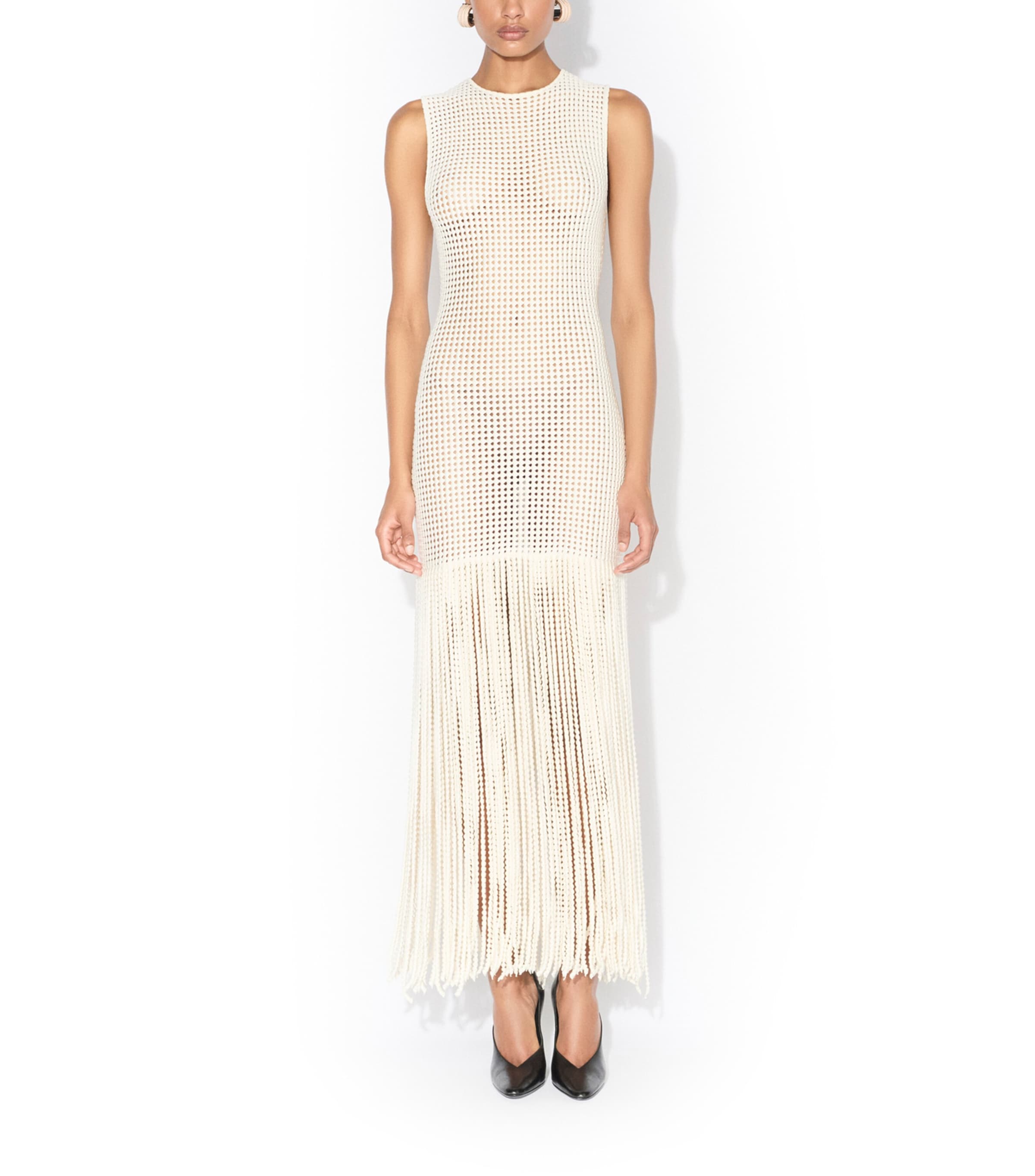 Alaïa Womens Fringed Midi Dress Blanc Naturel Image 2