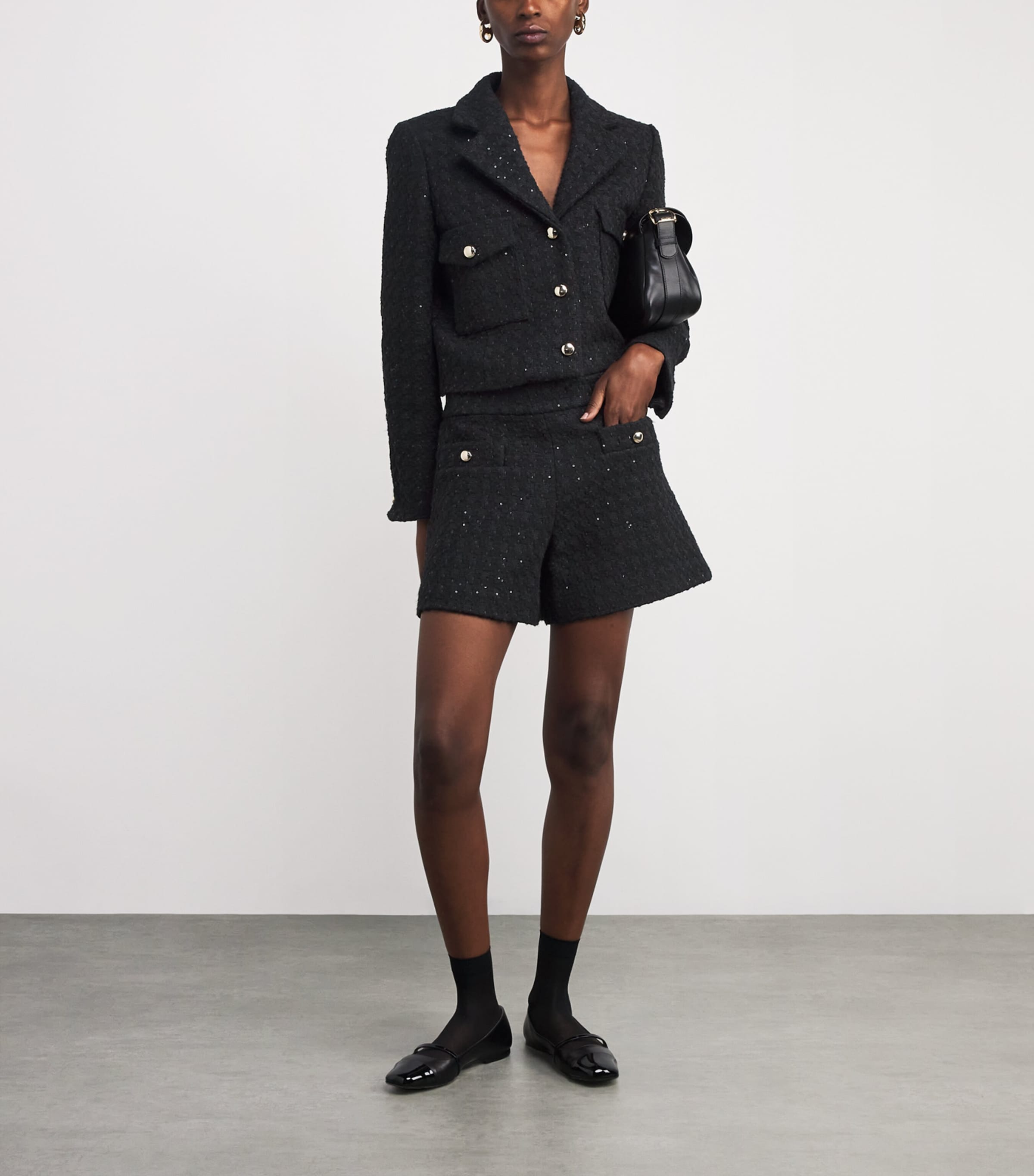 Sequinned Tweed Cropped Jacket BLACK Image 2
