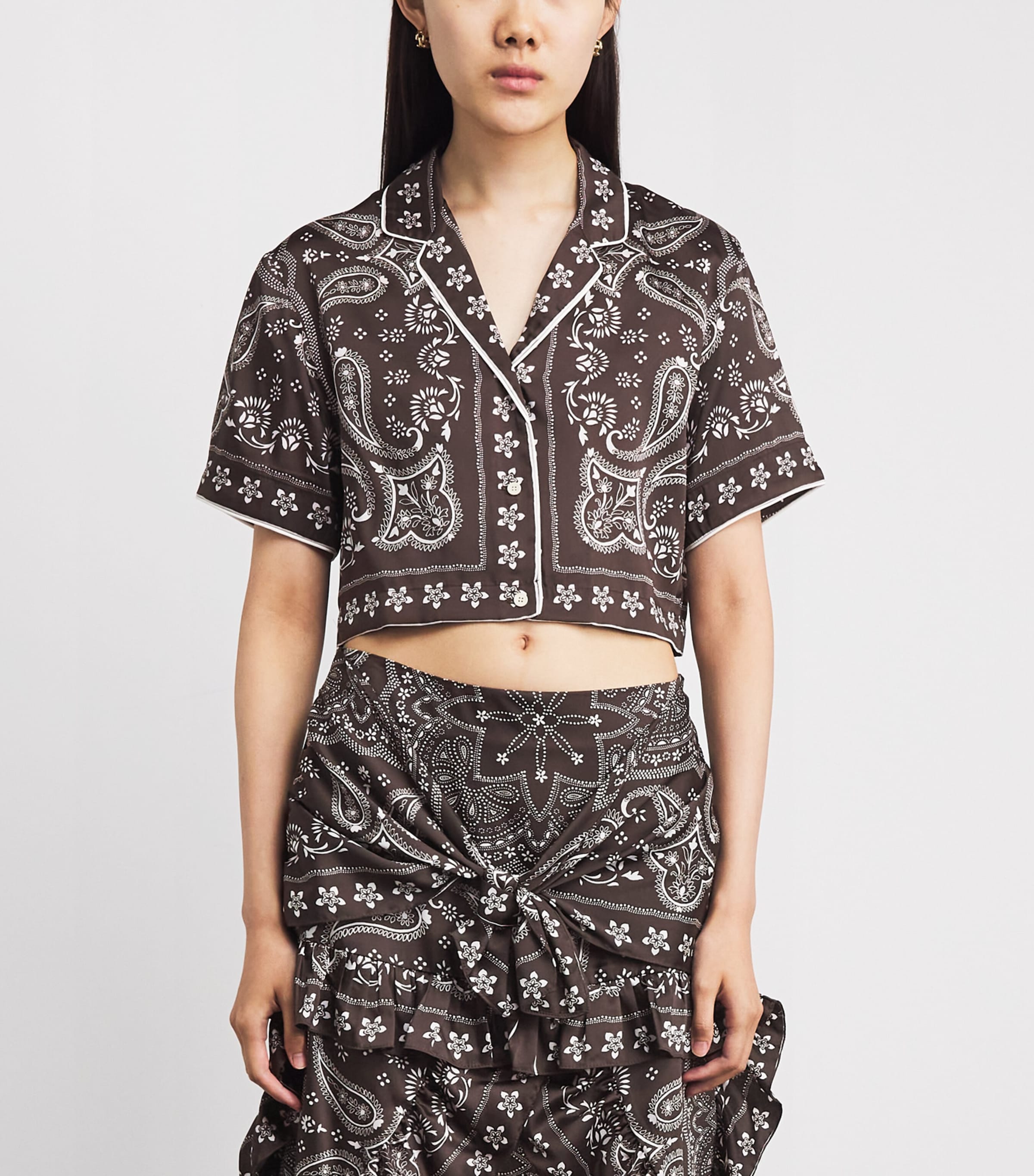 Sandro Paris Womens Satin Bandana Cropped Shirt Taupe / White Image 4