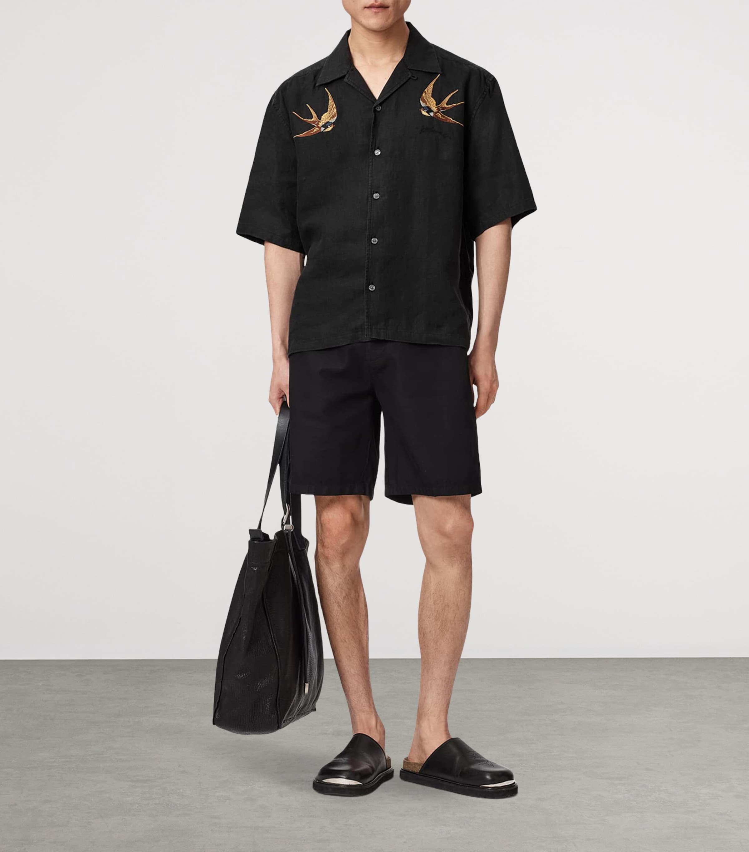 AllSaints Mens Linen Embroidered Avia Shirt Orca Black Image 5